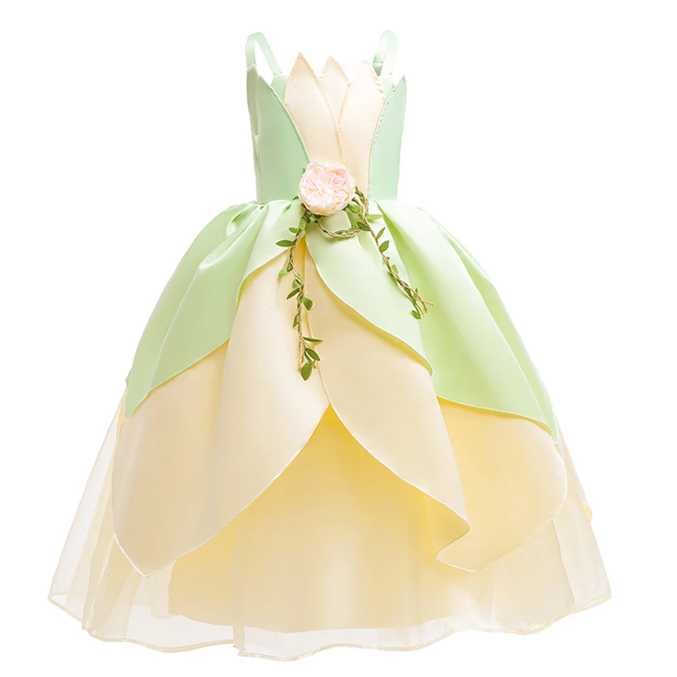 Girls Tiana Costume Green Fairy Tale Princess Dress 2-10 Yrs Kids Luxury Fluffy Gown Children Birthday Party Elegant Tulle Frock