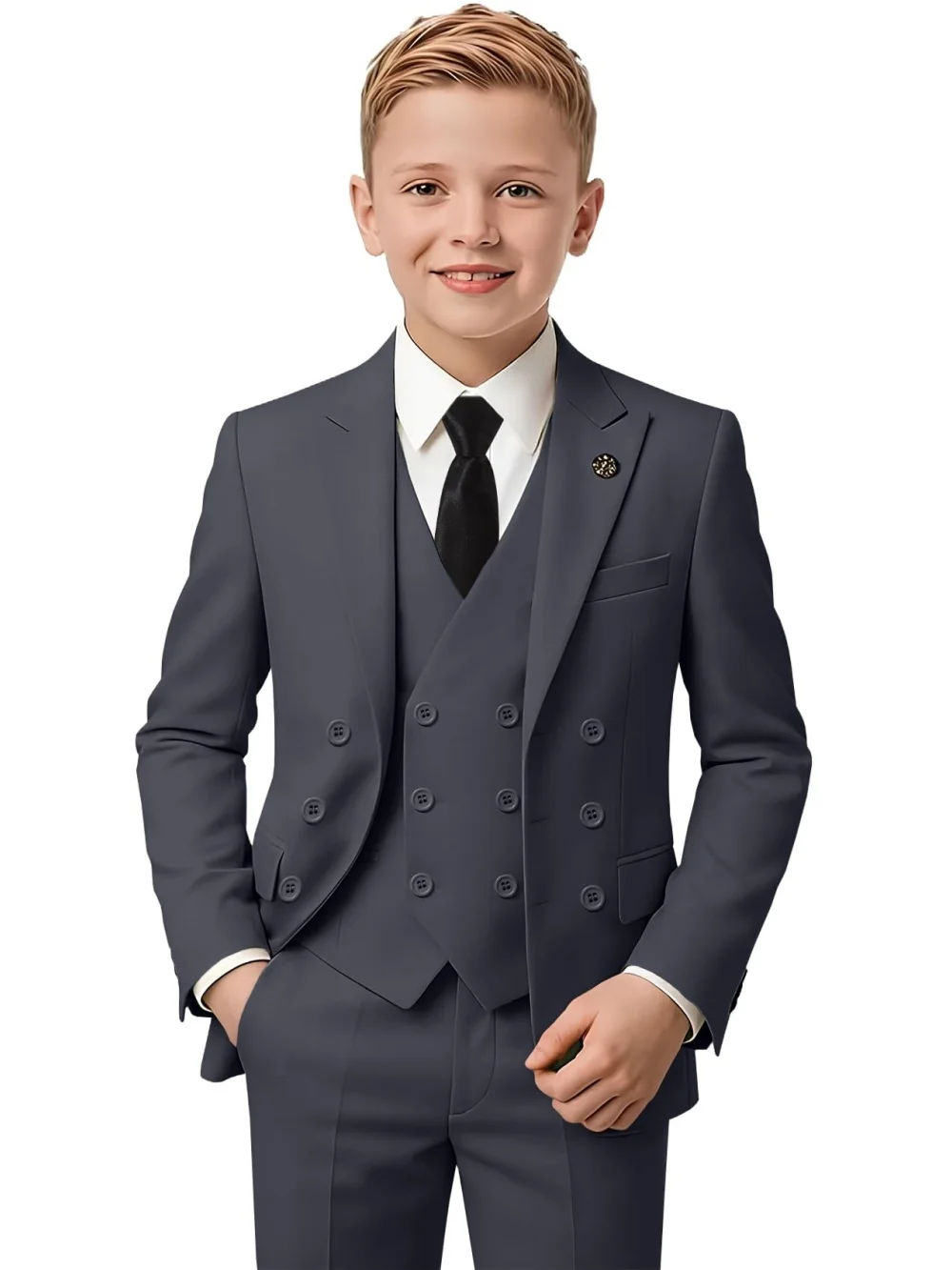 New Hot Sale Boys Slim Fit Tuxedo 3 Pieces Piano Performance Wear Double Breasted Kids Suit Set Banquet Party Outfit Plus Size