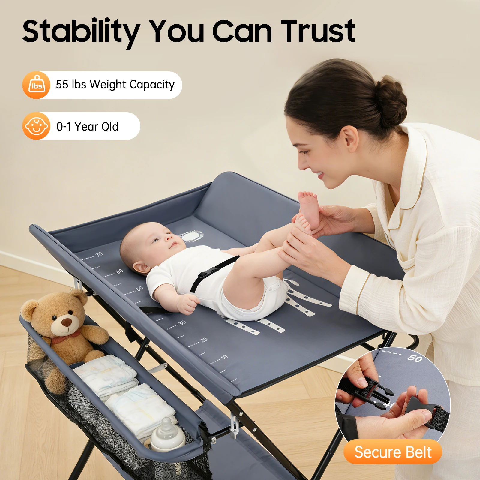 Foldable Diaper Changing Station Height Adjustable Baby Changing Table with Side Storage & Drying Rack for Home, Nursery & Travel