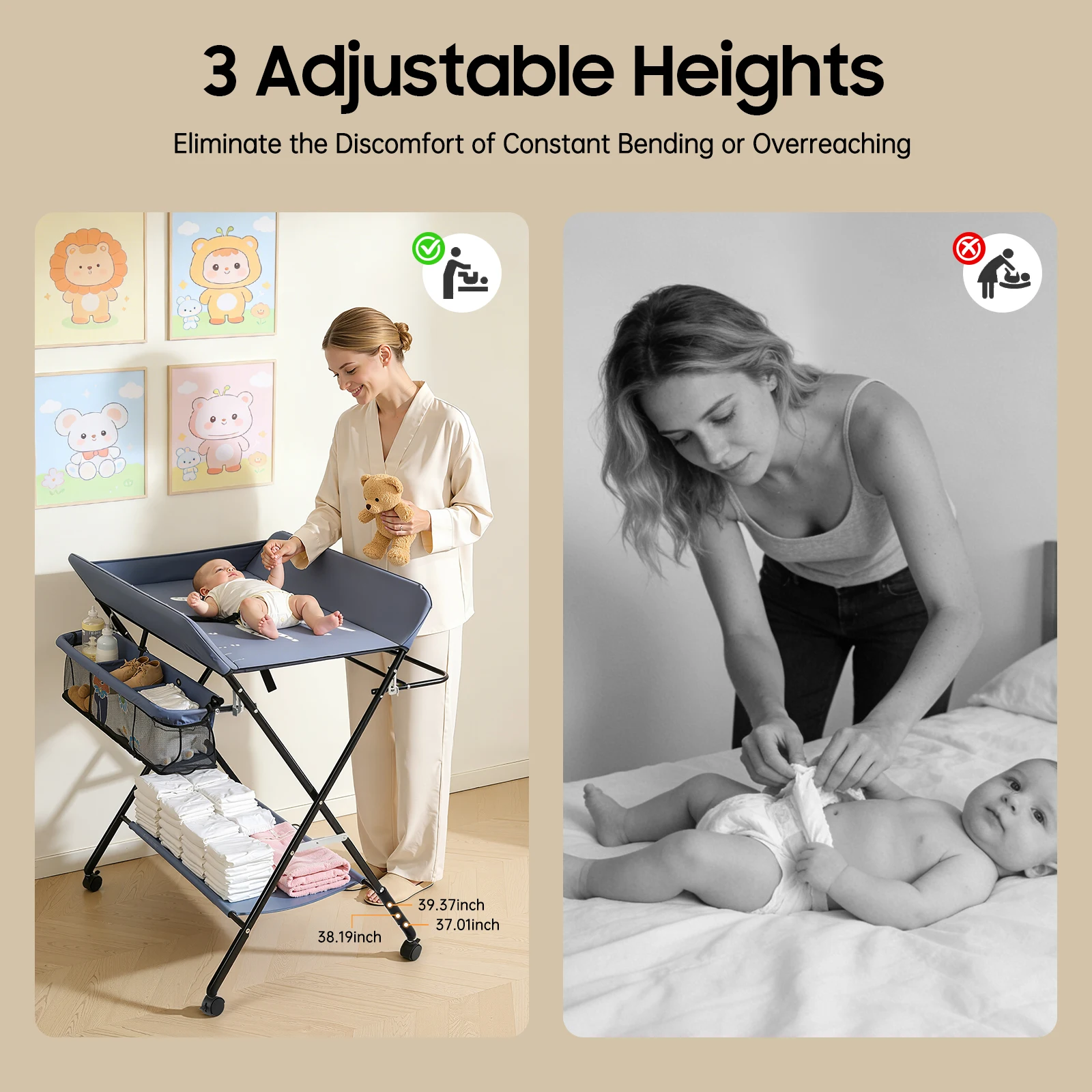Foldable Diaper Changing Station Height Adjustable Baby Changing Table with Side Storage & Drying Rack for Home, Nursery & Travel
