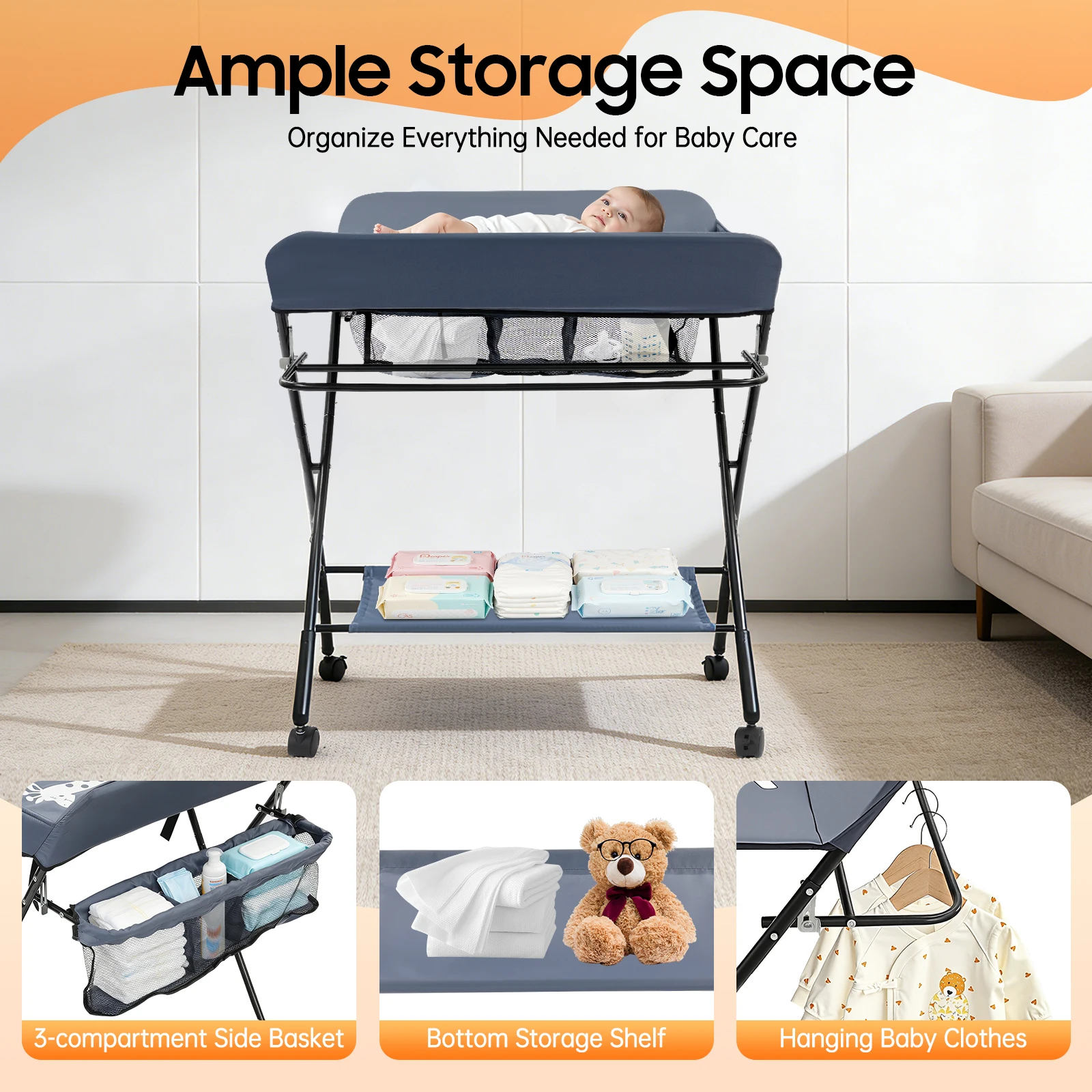 Foldable Diaper Changing Station Height Adjustable Baby Changing Table with Side Storage & Drying Rack for Home, Nursery & Travel