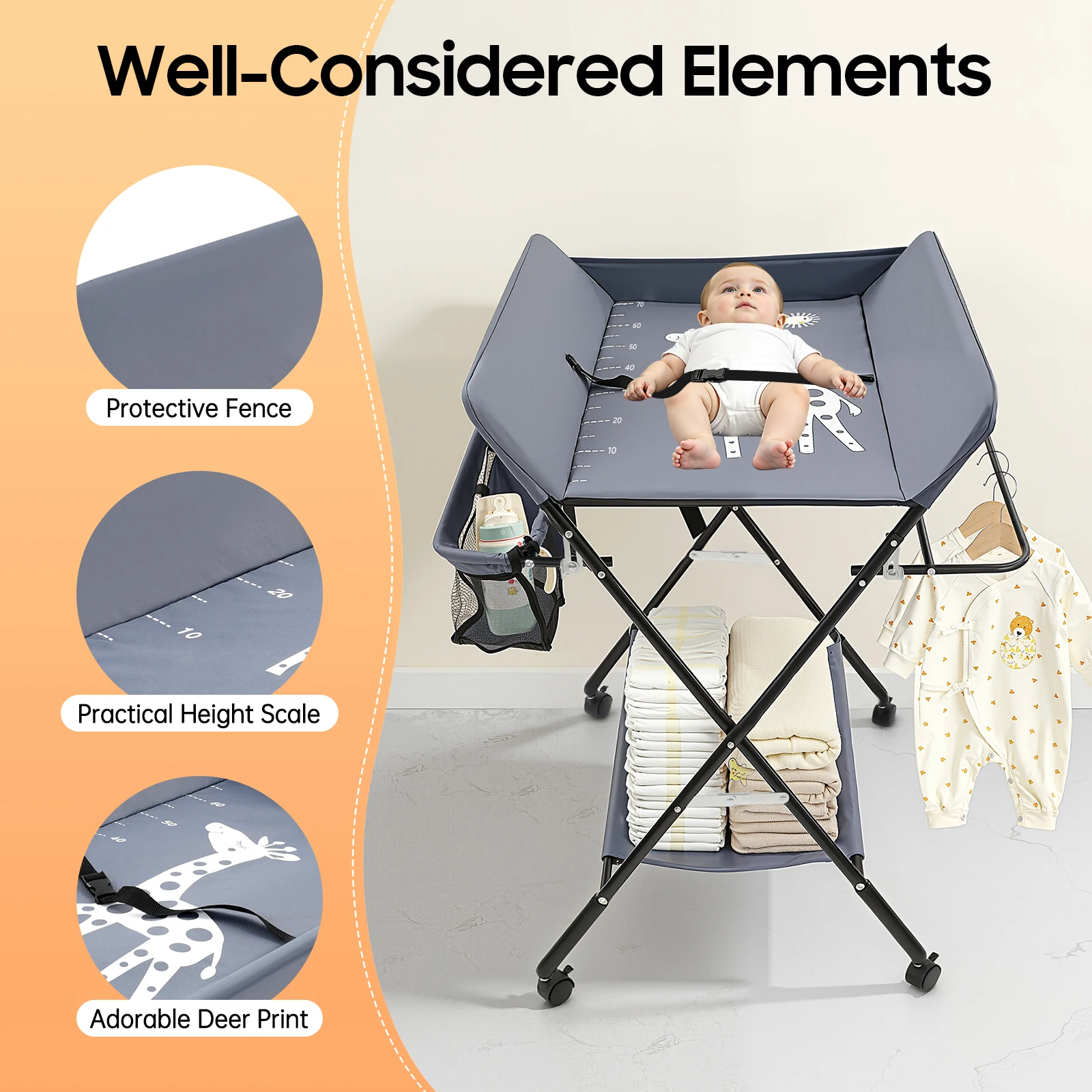 Foldable Diaper Changing Station Height Adjustable Baby Changing Table with Side Storage & Drying Rack for Home, Nursery & Travel