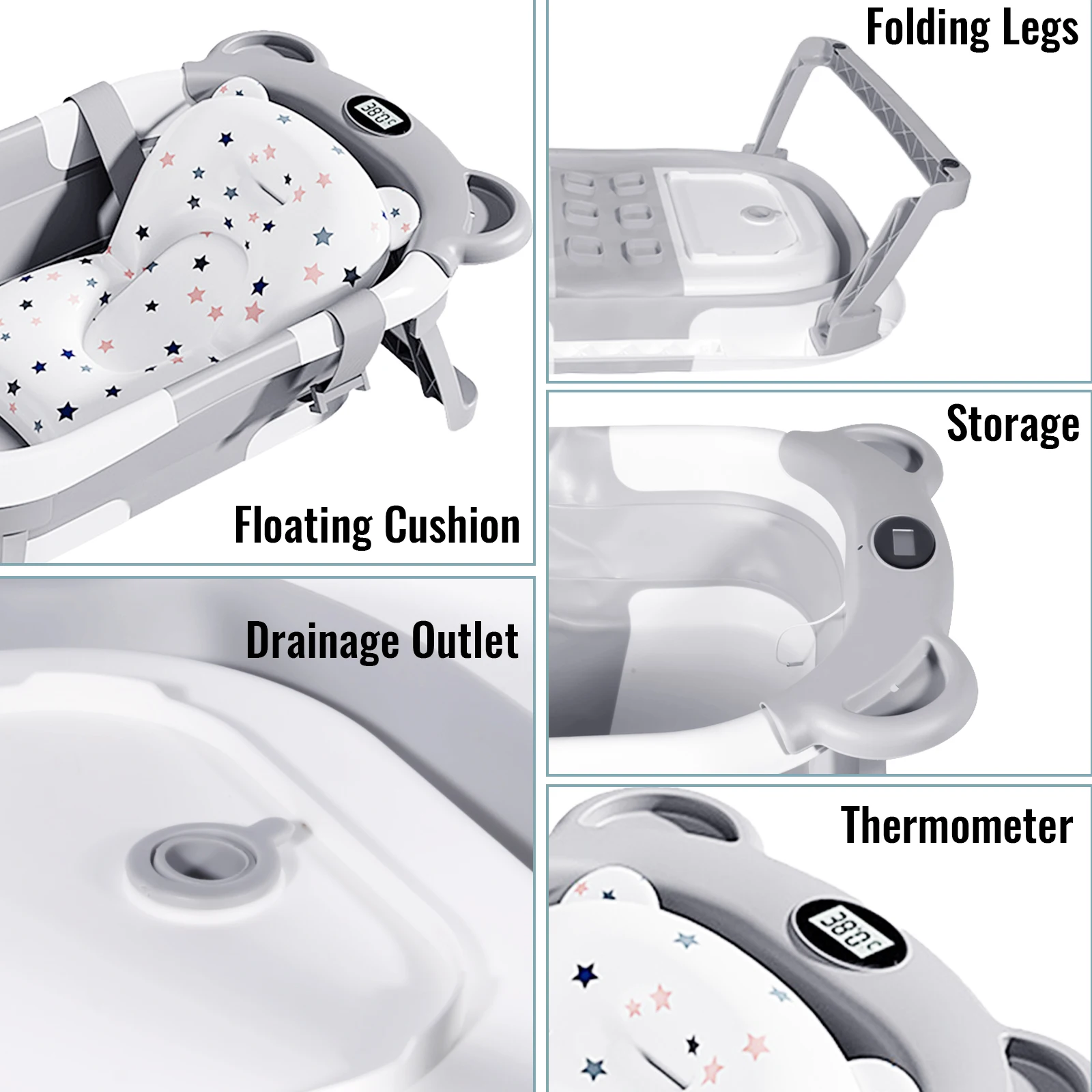Foldable Baby Bathtub with Built-in Thermometer Non-slip Support Legs Soft Bath Mat PP TPE Portable Baby Bath Tub for Home Travel