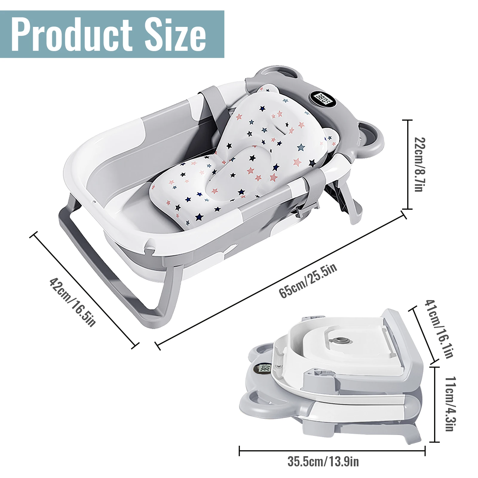 Foldable Baby Bathtub with Built-in Thermometer Non-slip Support Legs Soft Bath Mat PP TPE Portable Baby Bath Tub for Home Travel