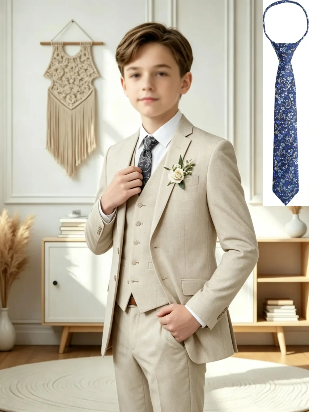 New lINENBoys Beige Suit Set 4 Pieces For Birthday Party Fast Delivery Kids Slim Fit Tuxedo Wedding Ring Bearer Outfit 3-14T