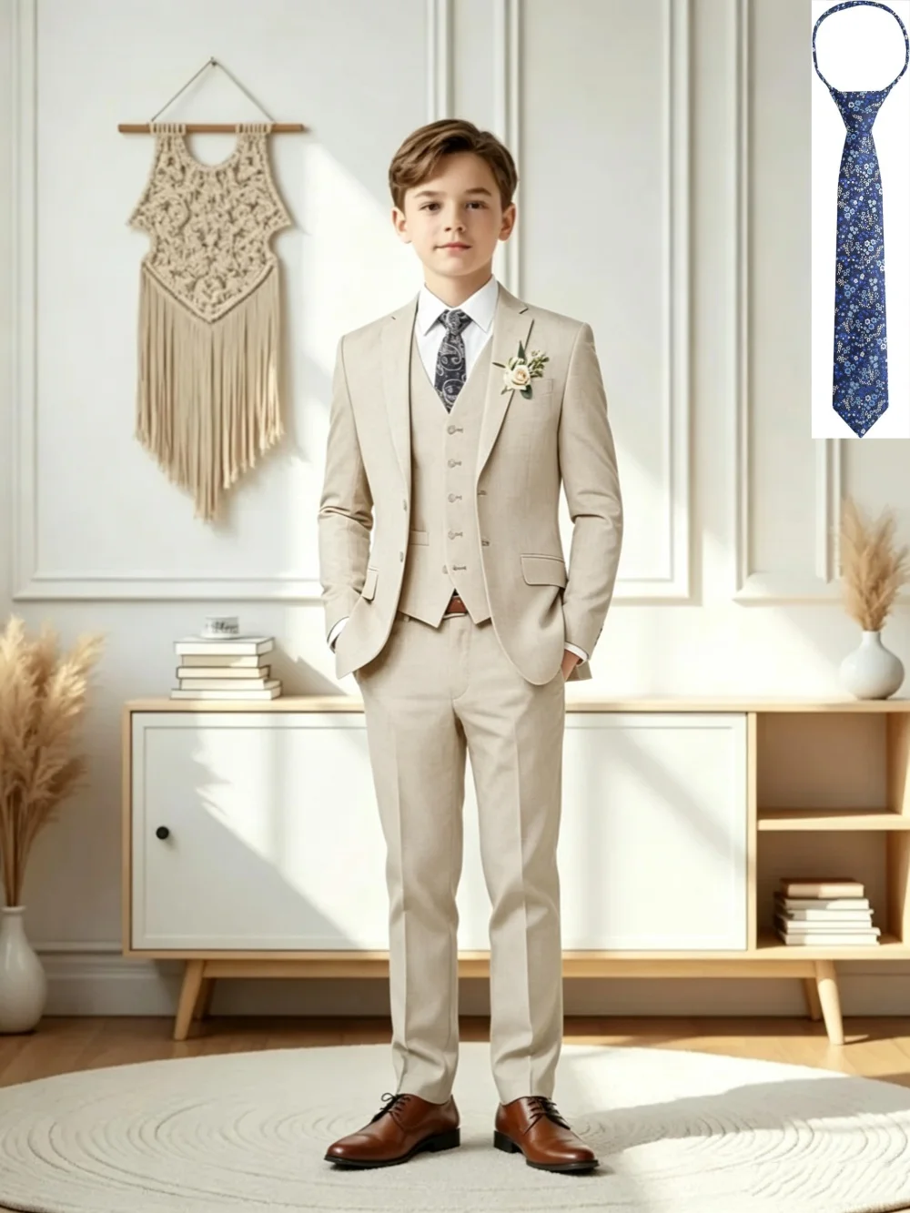 New lINENBoys Beige Suit Set 4 Pieces For Birthday Party Fast Delivery Kids Slim Fit Tuxedo Wedding Ring Bearer Outfit 3-14T