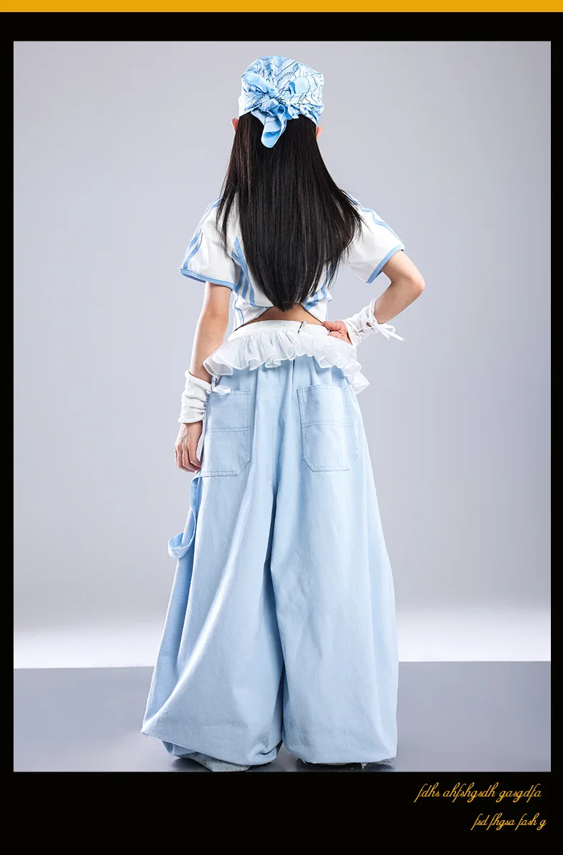 Girls Light Blue Print Crop Tops Letter Print Wide Leg Pants Hip Hop Dance Outfit Kids Jazz Stage Performance Costume Streetwear