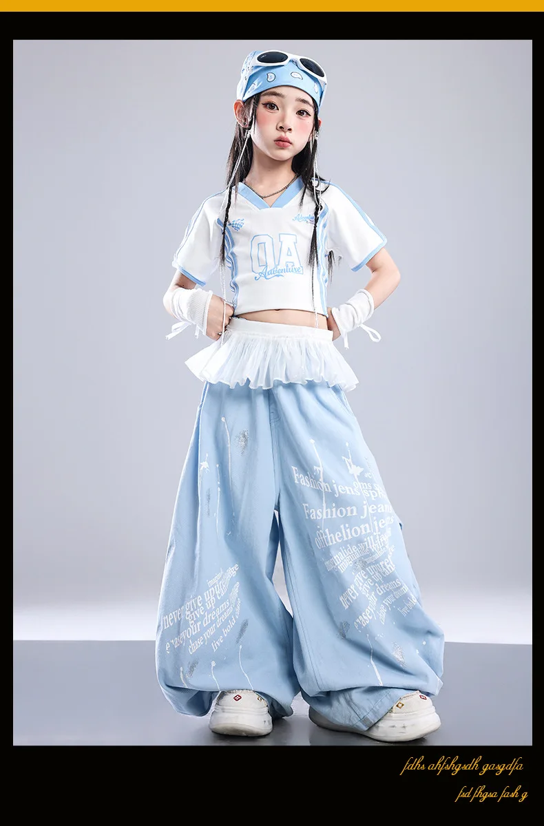 Girls Light Blue Print Crop Tops Letter Print Wide Leg Pants Hip Hop Dance Outfit Kids Jazz Stage Performance Costume Streetwear