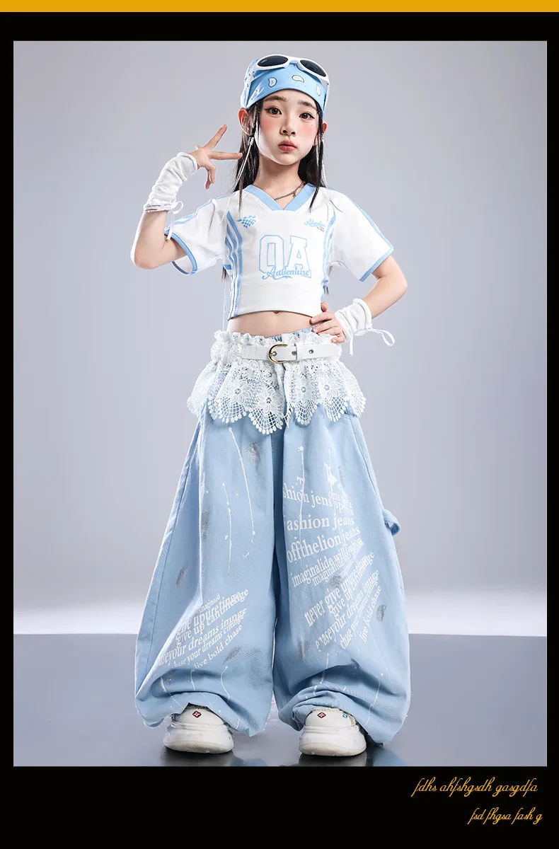 Girls Light Blue Print Crop Tops Letter Print Wide Leg Pants Hip Hop Dance Outfit Kids Jazz Stage Performance Costume Streetwear