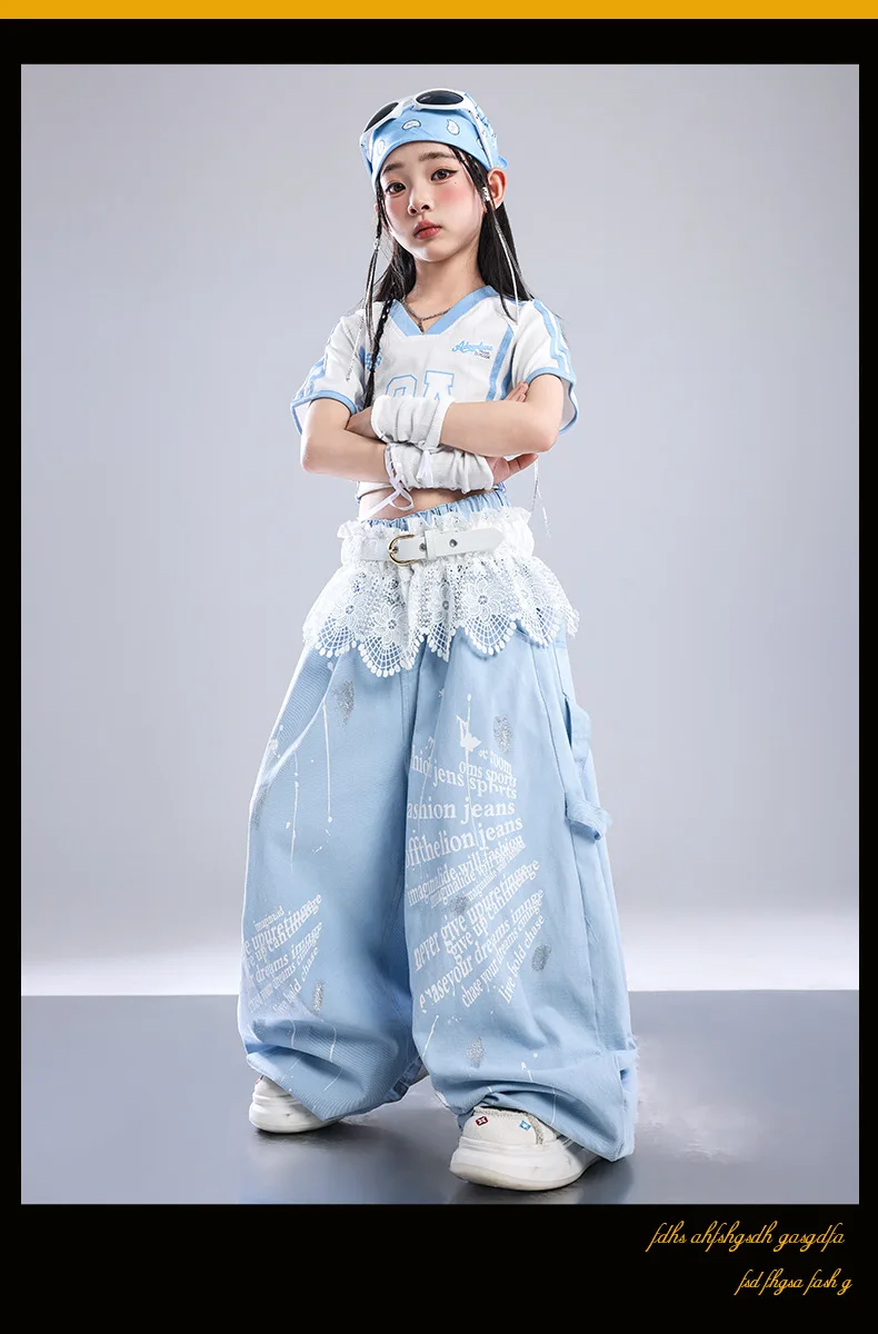 Girls Light Blue Print Crop Tops Letter Print Wide Leg Pants Hip Hop Dance Outfit Kids Jazz Stage Performance Costume Streetwear
