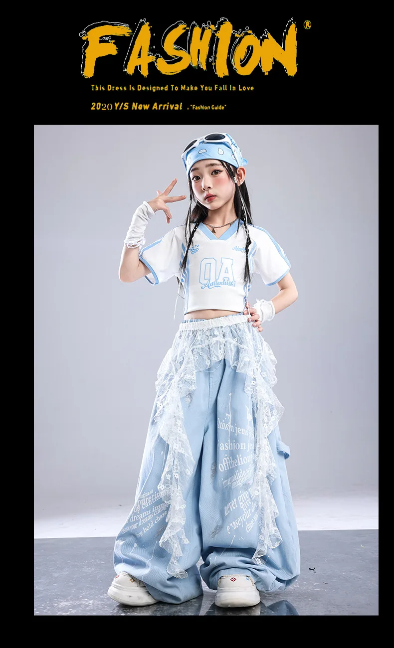 Girls Light Blue Print Crop Tops Letter Print Wide Leg Pants Hip Hop Dance Outfit Kids Jazz Stage Performance Costume Streetwear