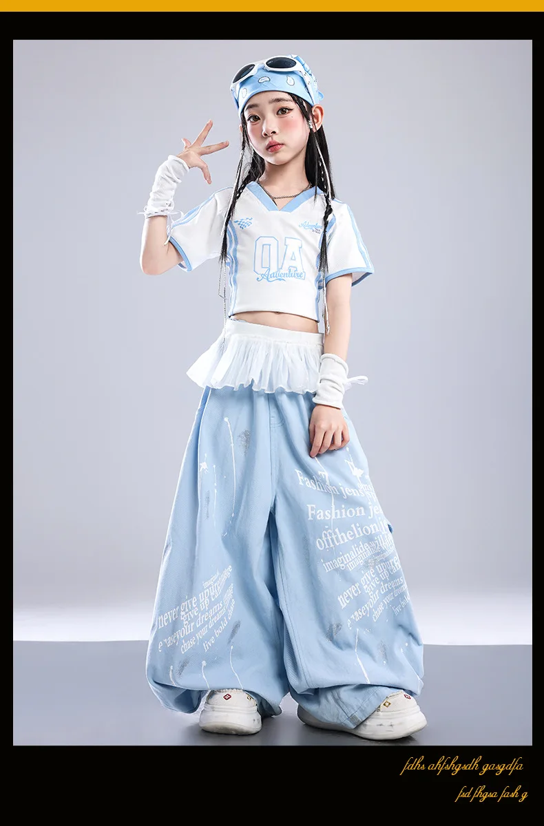 Girls Light Blue Print Crop Tops Letter Print Wide Leg Pants Hip Hop Dance Outfit Kids Jazz Stage Performance Costume Streetwear
