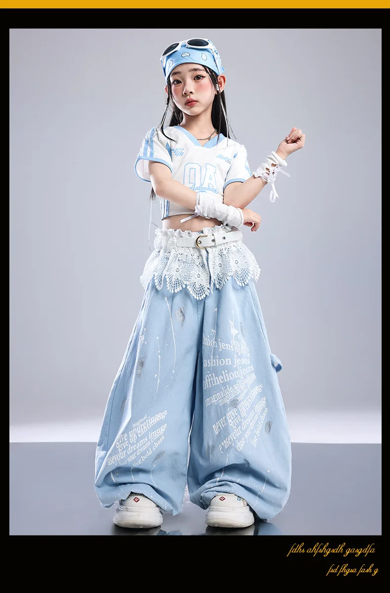 Girls Light Blue Print Crop Tops Letter Print Wide Leg Pants Hip Hop Dance Outfit Kids Jazz Stage Performance Costume Streetwear