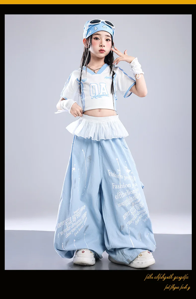 Girls Light Blue Print Crop Tops Letter Print Wide Leg Pants Hip Hop Dance Outfit Kids Jazz Stage Performance Costume Streetwear