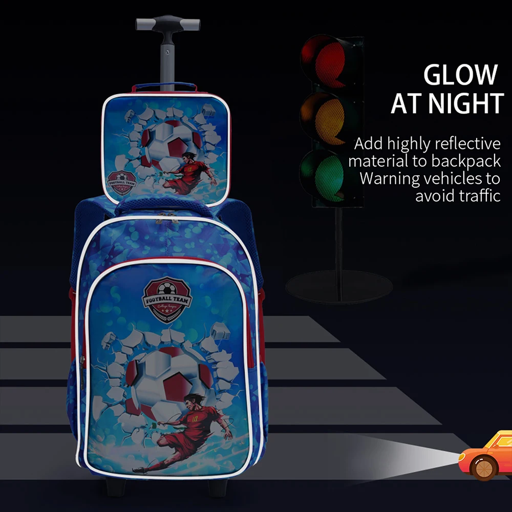 3PCS Rolling Backpack For Boys, Kids Travel Bag, Luggage Bag, Bookbag with Wheels, with Lunch Box And Pen Bag, Syk Blue Cartoon Soccer Pattern, Nighttime Reflective