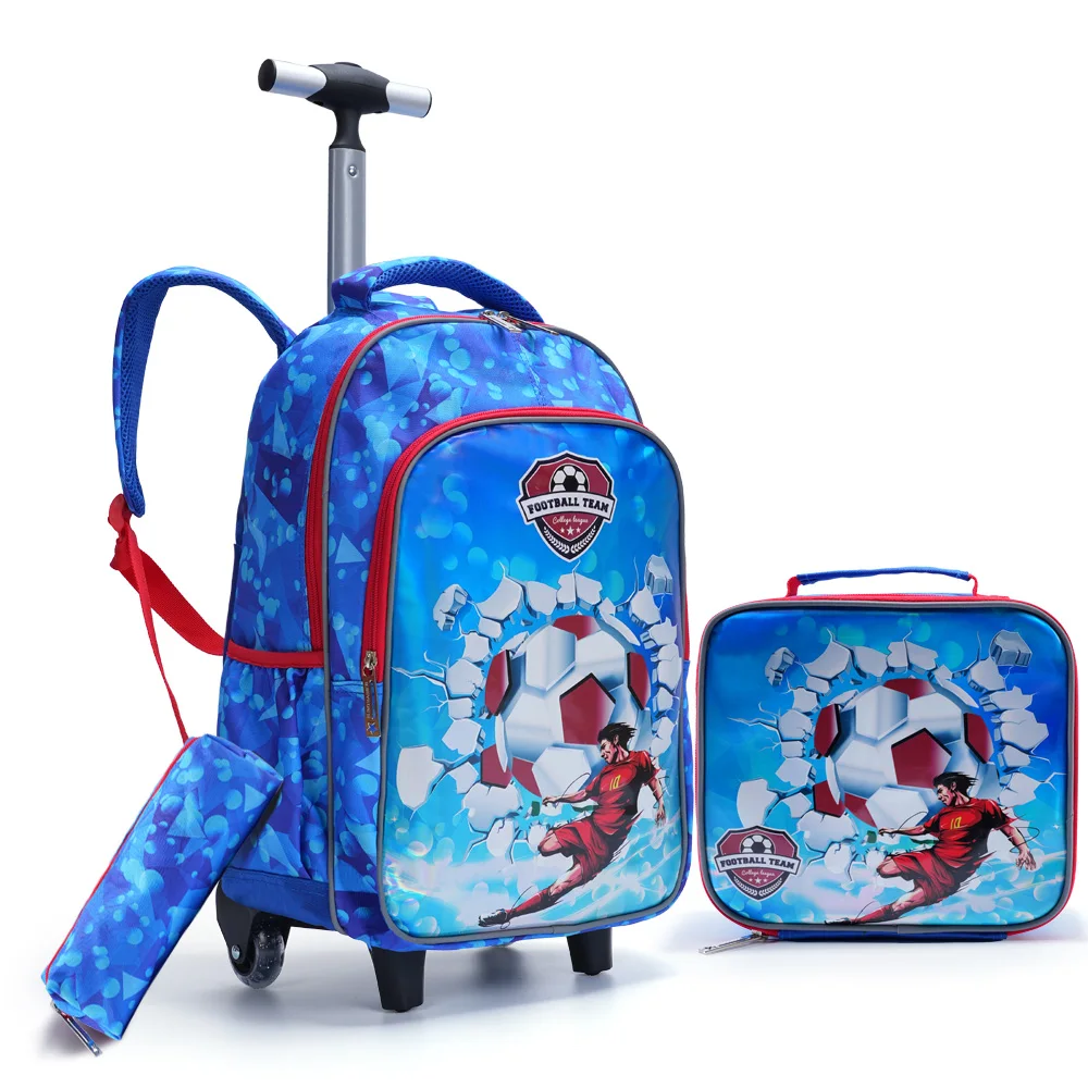 3PCS Rolling Backpack For Boys, Kids Travel Bag, Luggage Bag, Bookbag with Wheels, with Lunch Box And Pen Bag, Syk Blue Cartoon Soccer Pattern, Nighttime Reflective