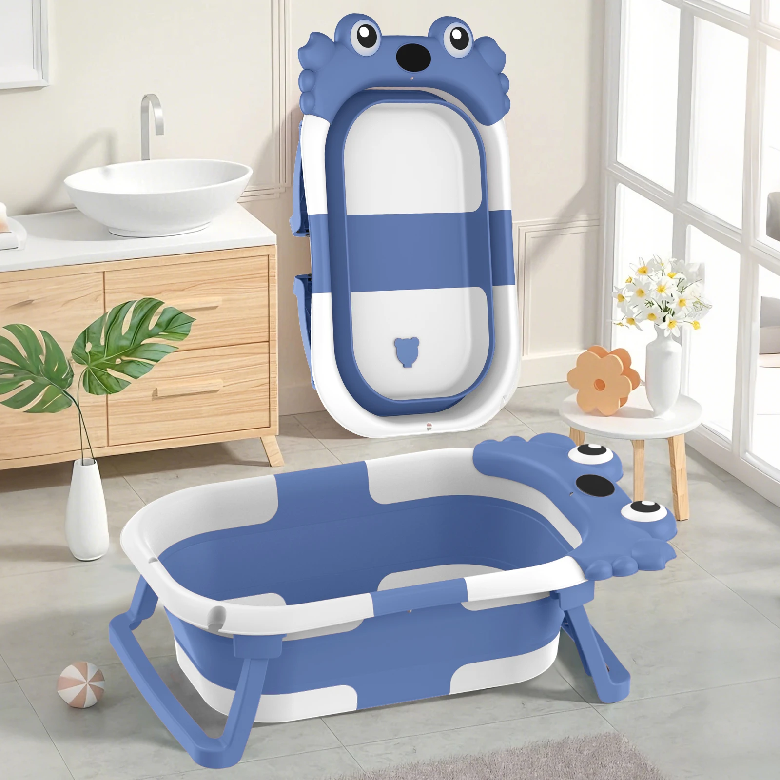 Foldable Baby Bathtub with Temperature Monitor Crab Shape Collapsible Newborn Bath Tub with Floating Cushion for Household Shower Baby Bath Accessories