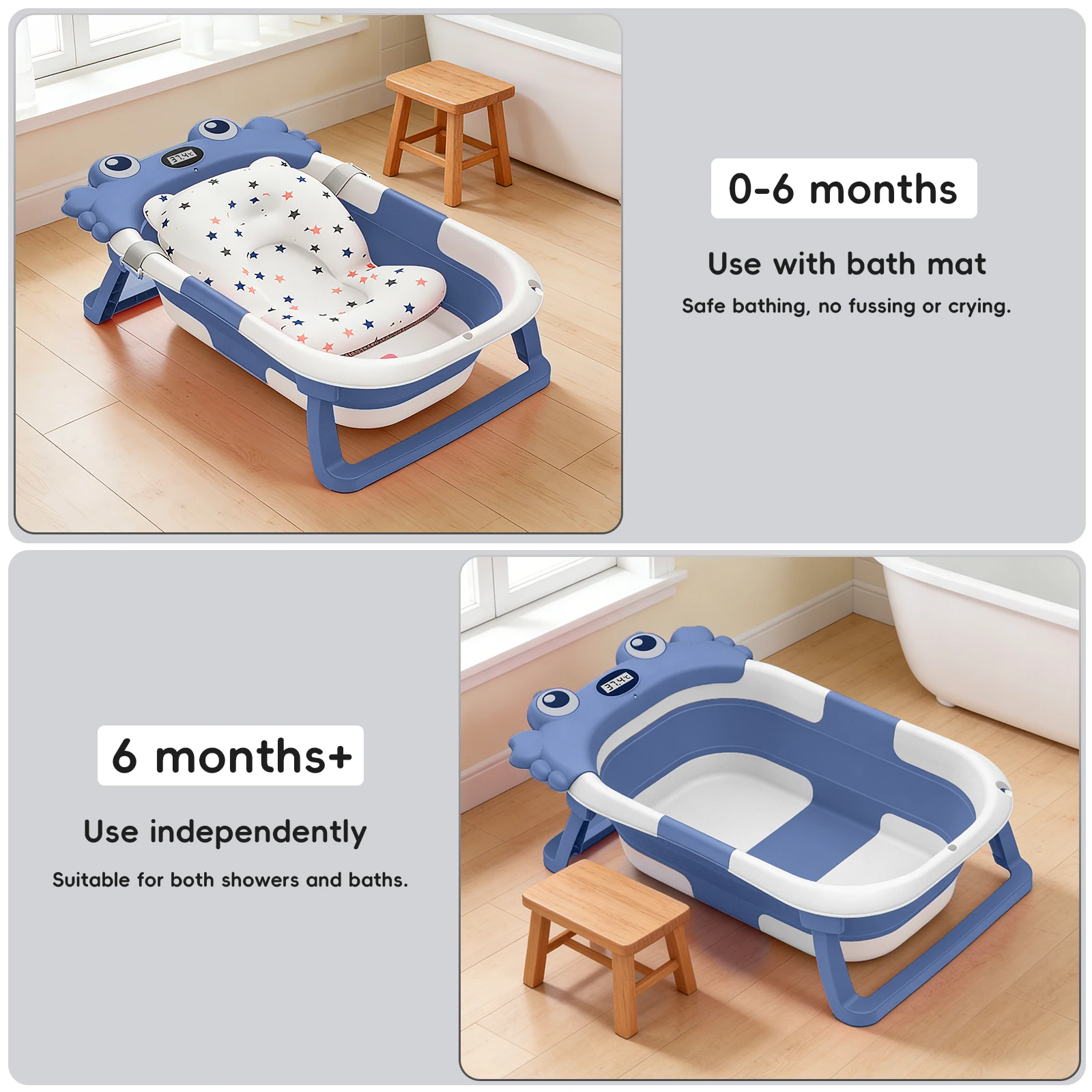 Foldable Baby Bathtub with Temperature Monitor Crab Shape Collapsible Newborn Bath Tub with Floating Cushion for Household Shower Baby Bath Accessories