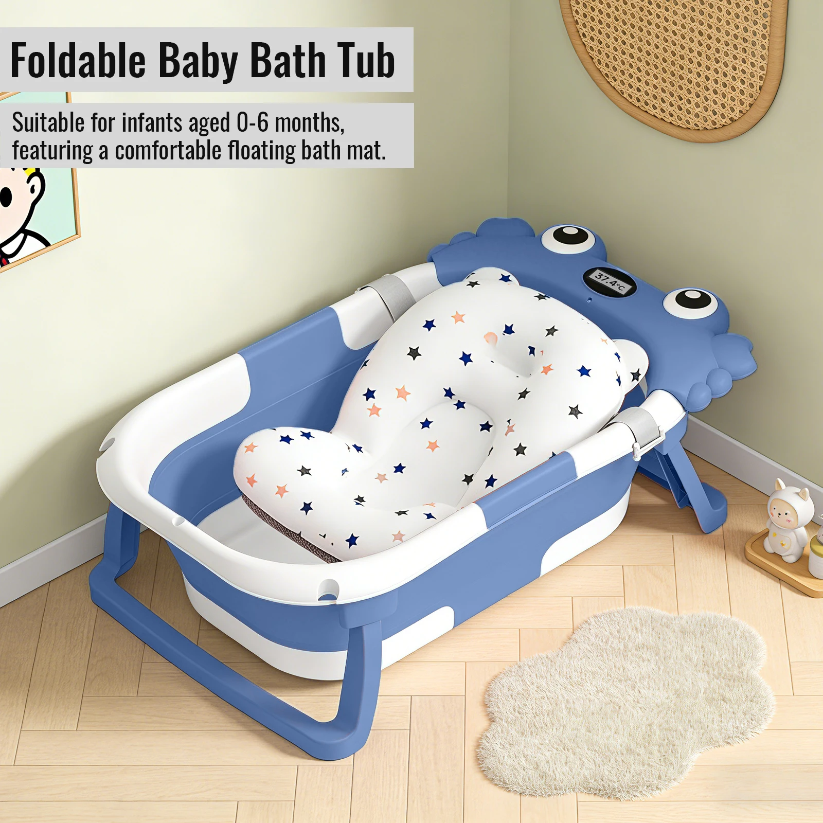 Foldable Baby Bathtub with Temperature Monitor Crab Shape Collapsible Newborn Bath Tub with Floating Cushion for Household Shower Baby Bath Accessories