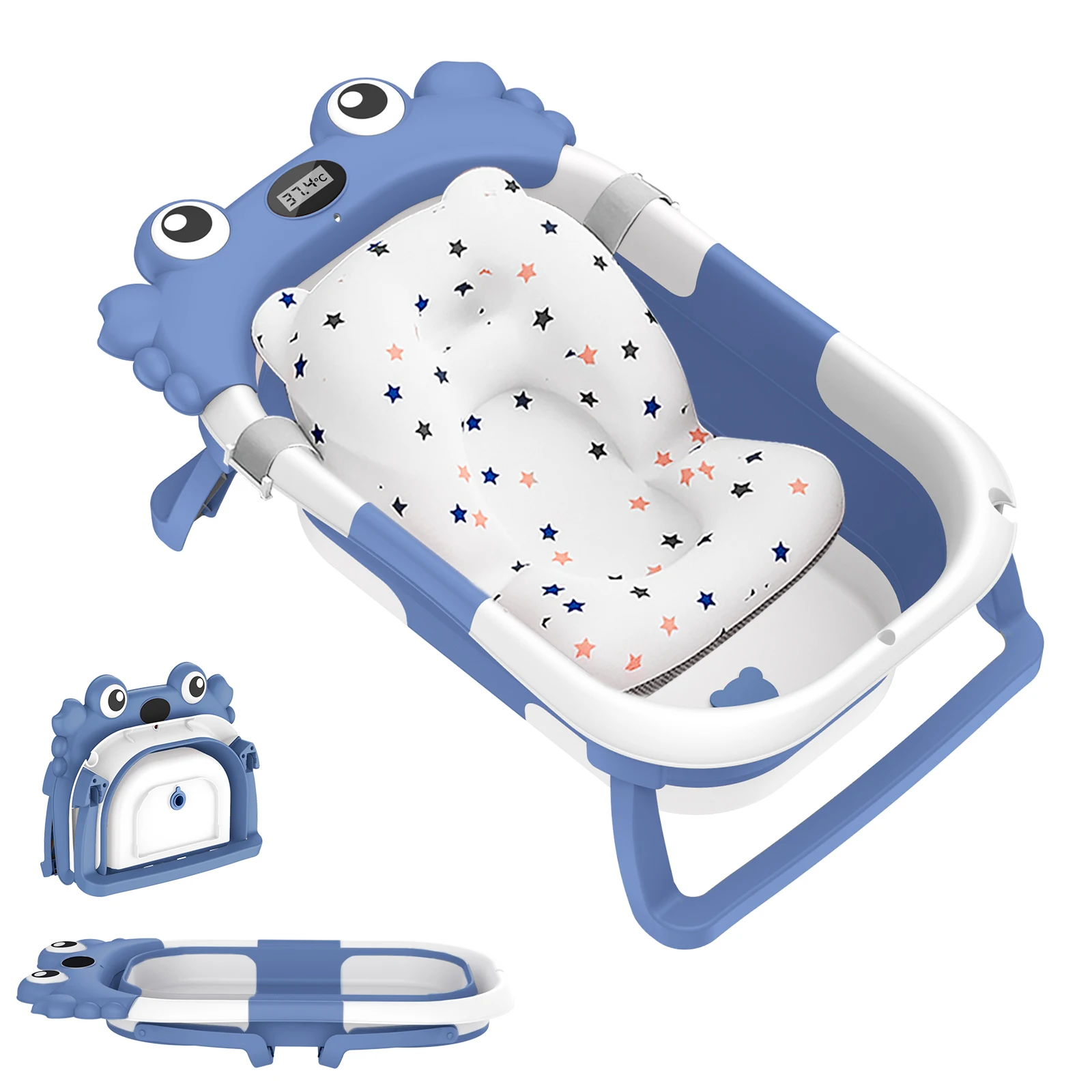 Foldable Baby Bathtub with Temperature Monitor Crab Shape Collapsible Newborn Bath Tub with Floating Cushion for Household Shower Baby Bath Accessories