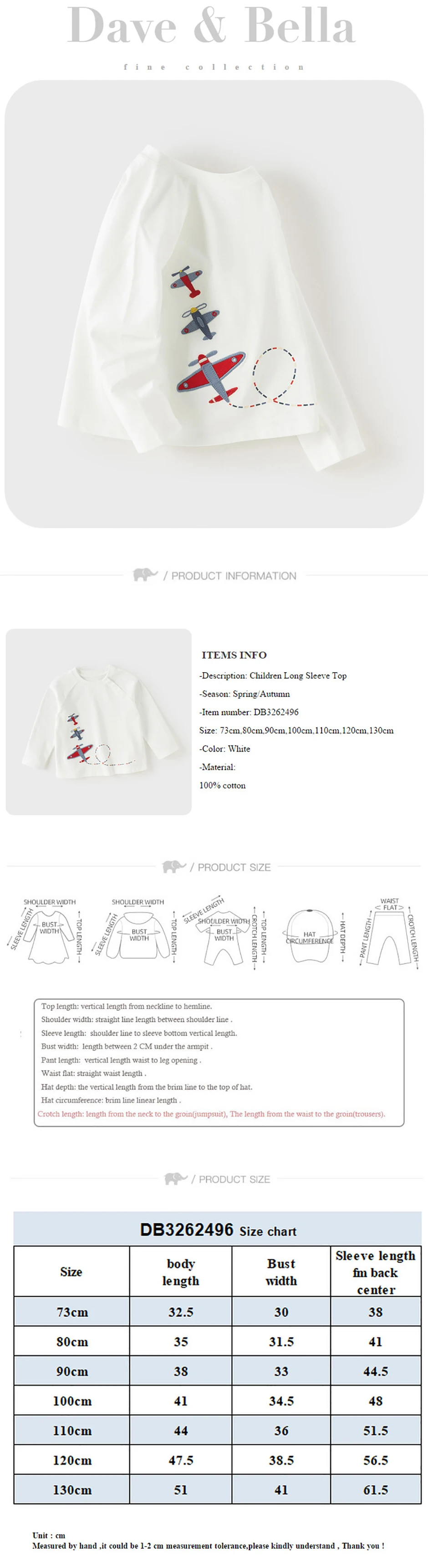 Dave Bella Children White T-shirt Boys Autumn Clothes Bottom Top Pullover Casual Pure Cotton Fashion Long Sleeve DB3262496