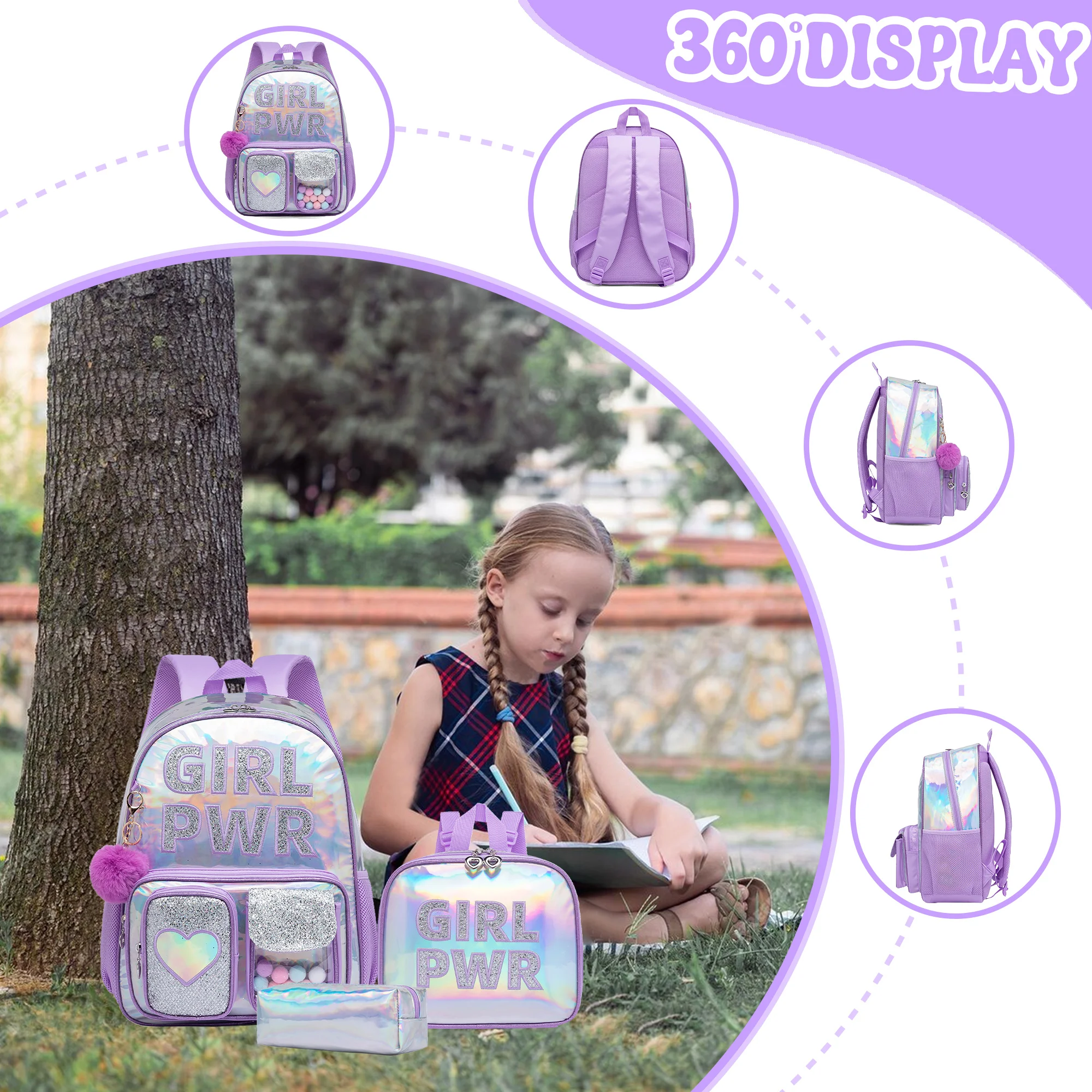 Girls Sequin Mermaid Backpack Set with Lunch Box, Lightweight Cute Bookbag for Kindergarten & Elementary Students