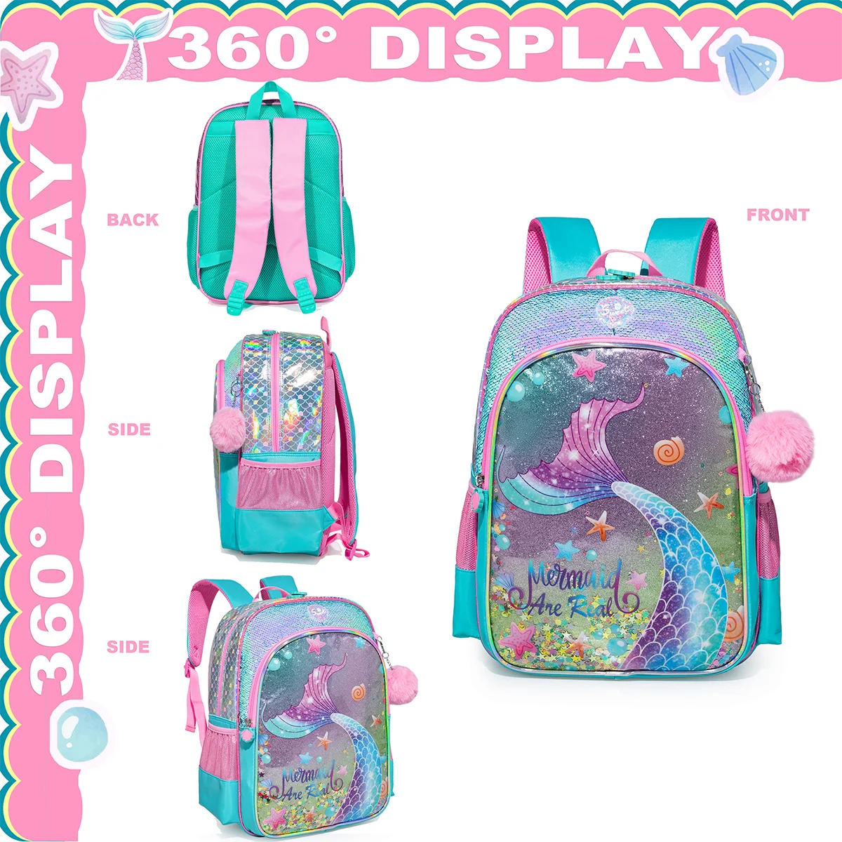 Girls Sequin Mermaid Backpack Set with Lunch Box, Lightweight Cute Bookbag for Kindergarten & Elementary Students