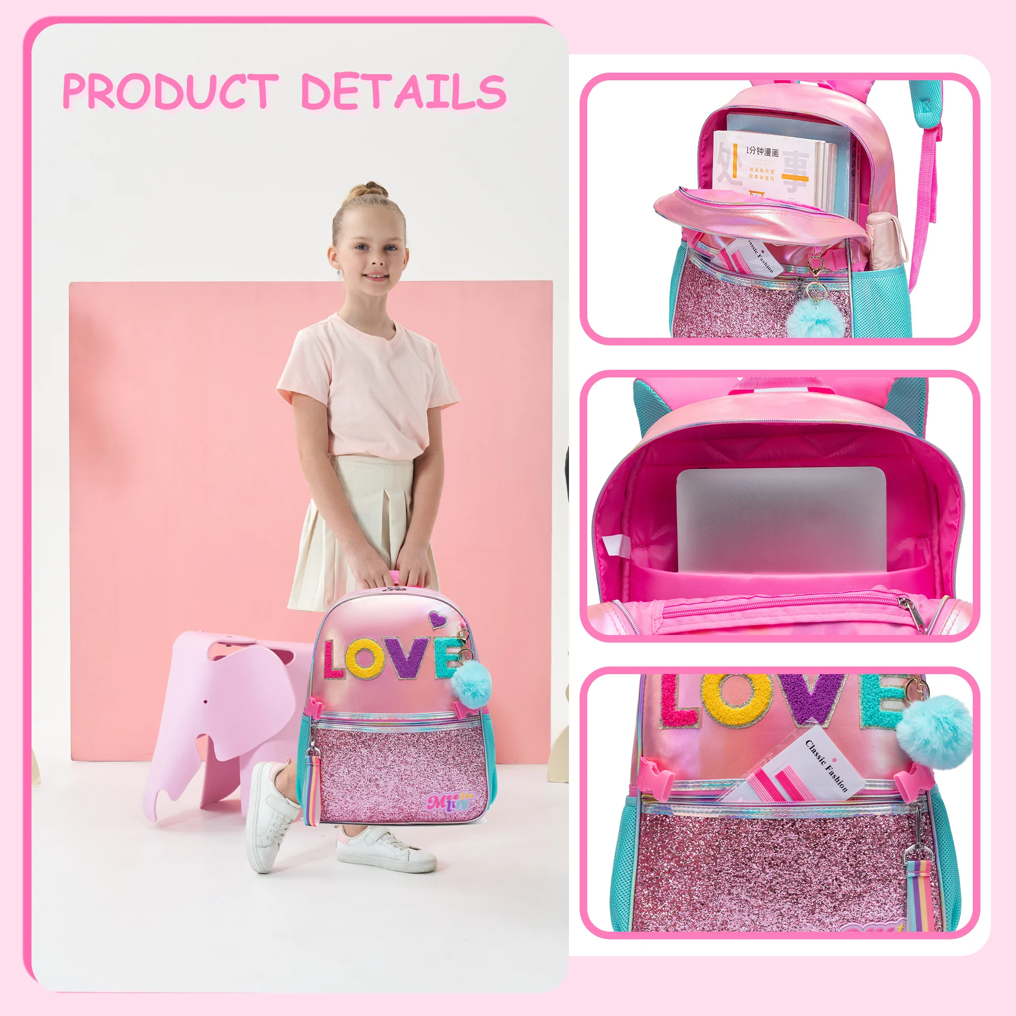 Girls Sequin Mermaid Backpack Set with Lunch Box, Lightweight Cute Bookbag for Kindergarten & Elementary Students