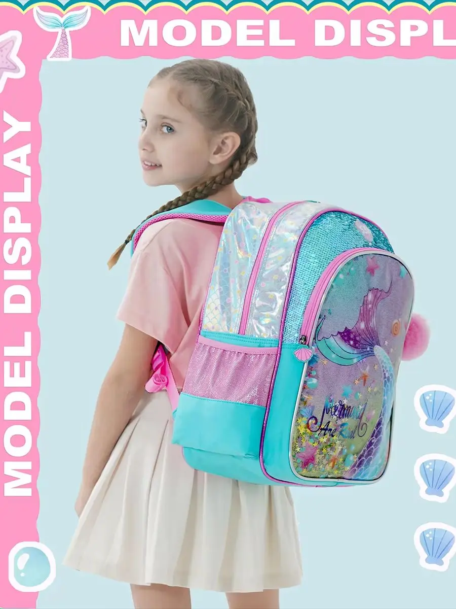 Girls Sequin Mermaid Backpack Set with Lunch Box, Lightweight Cute Bookbag for Kindergarten & Elementary Students