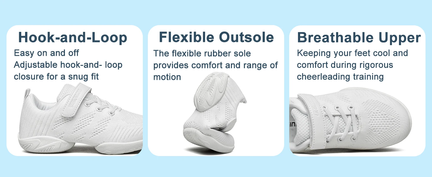 BAXINIER Cheer Shoes for Youth Girls Boys White Cheerleading Sneakers Lightweight Breathable Athletic Training Dance Shoes with Hook Loop Closure Anti-Slip Soft Sole