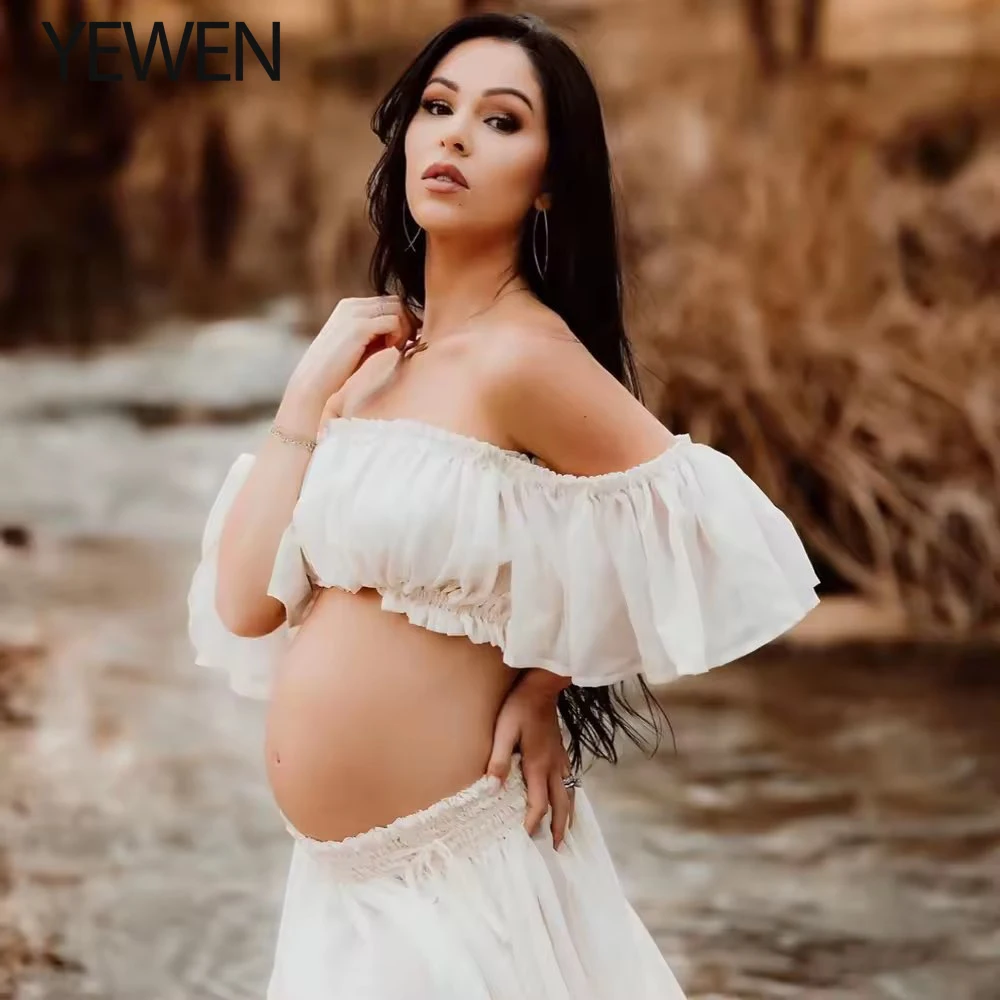 Silk Soft Organza Boho Two-Piece Maternity Dress Set Crop Top and Elastic Waist Skirt for Pregnancy Photoshoot YEWEN YW230309