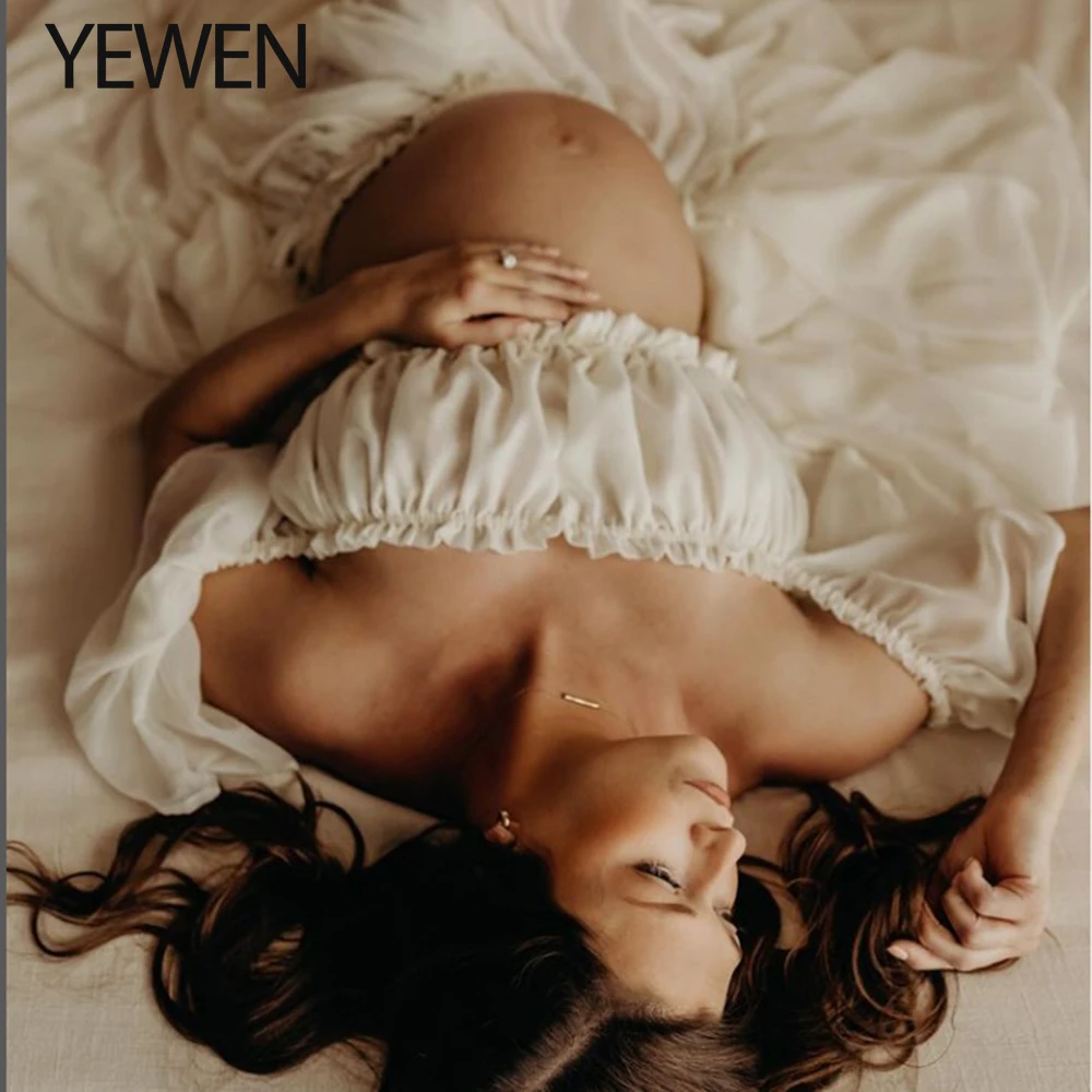 Silk Soft Organza Boho Two-Piece Maternity Dress Set Crop Top and Elastic Waist Skirt for Pregnancy Photoshoot YEWEN YW230309