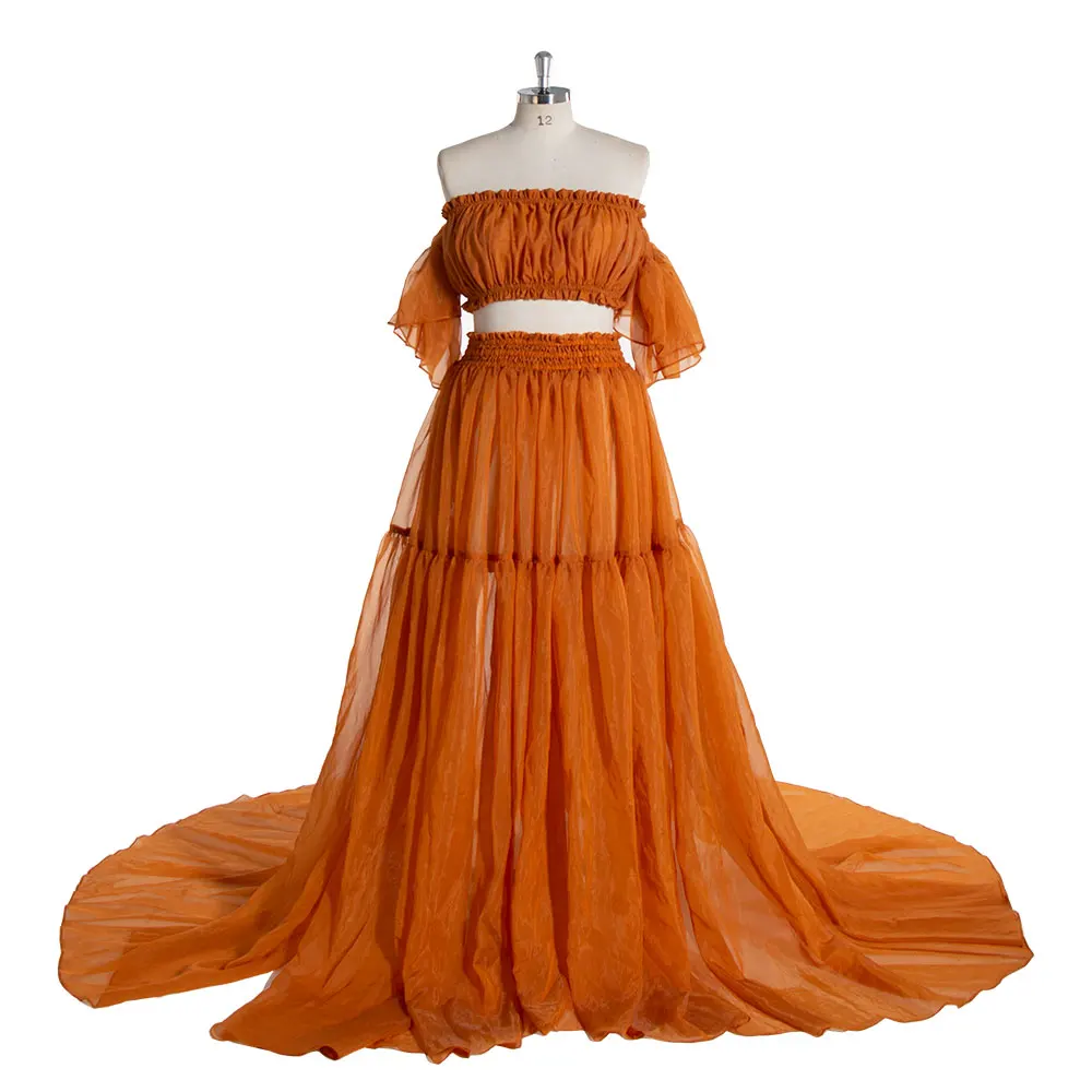 Silk Soft Organza Boho Two-Piece Maternity Dress Set Crop Top and Elastic Waist Skirt for Pregnancy Photoshoot YEWEN YW230309