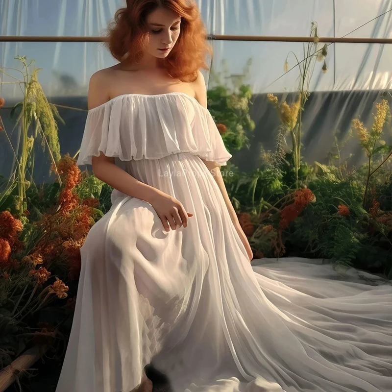 Maternity Dress Snow Chiffon Gown One-Shoulder Dress for Photoshoot Elegant Pregnancy Dress for Baby Showers Photography