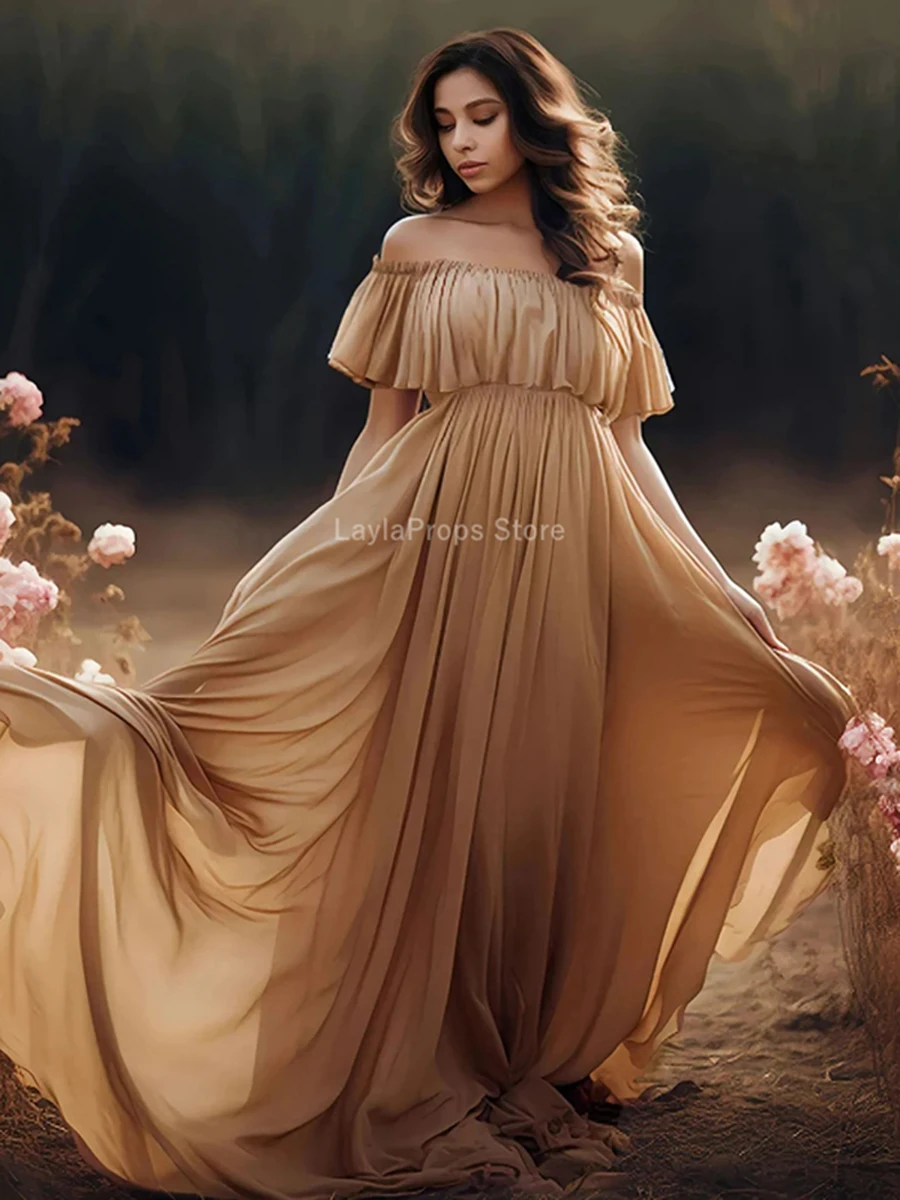 Maternity Dress Snow Chiffon Gown One-Shoulder Dress for Photoshoot Elegant Pregnancy Dress for Baby Showers Photography