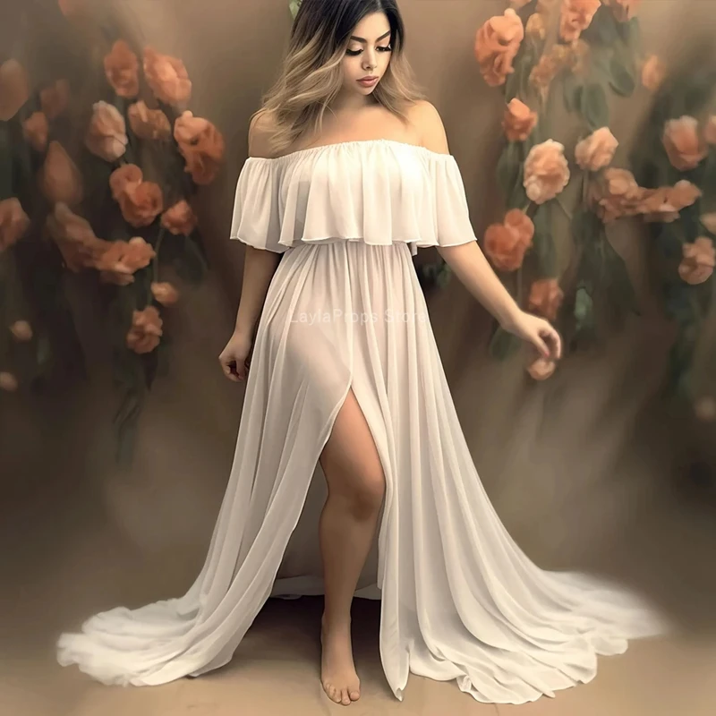Maternity Dress Snow Chiffon Gown One-Shoulder Dress for Photoshoot Elegant Pregnancy Dress for Baby Showers Photography