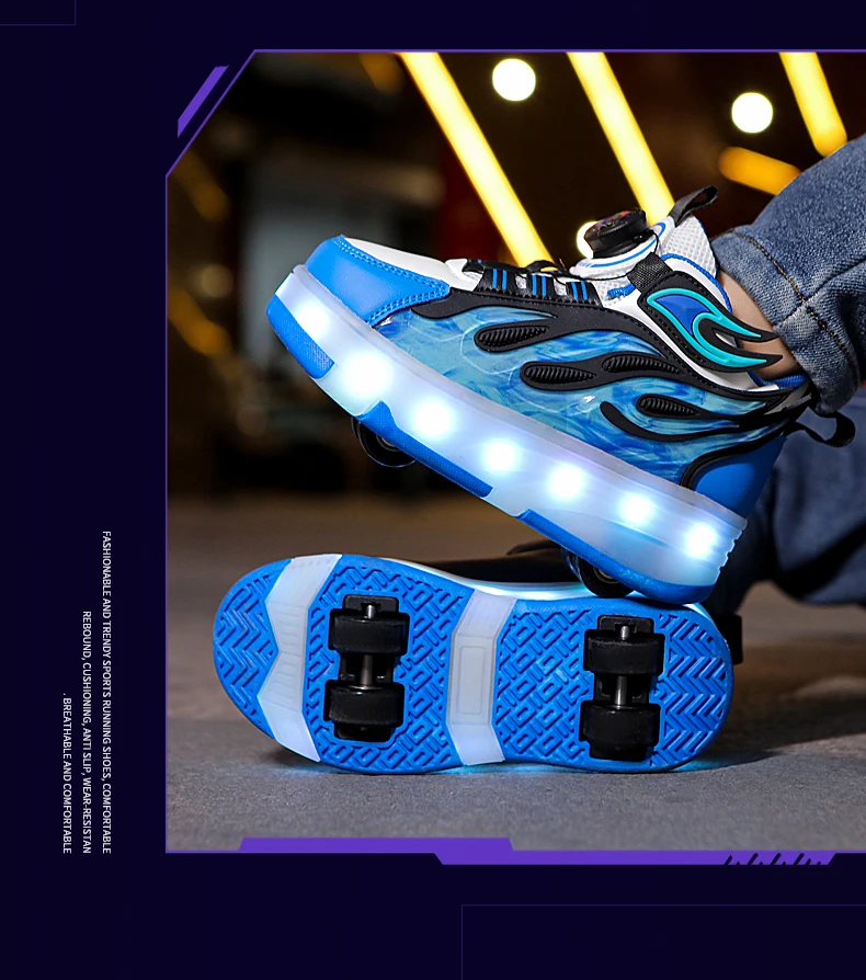 2025 New Children's Four-Wheel Novice Light Up Rotary Button Automatic Shrinkage Fast Walking Shoes for Boys Sneakers