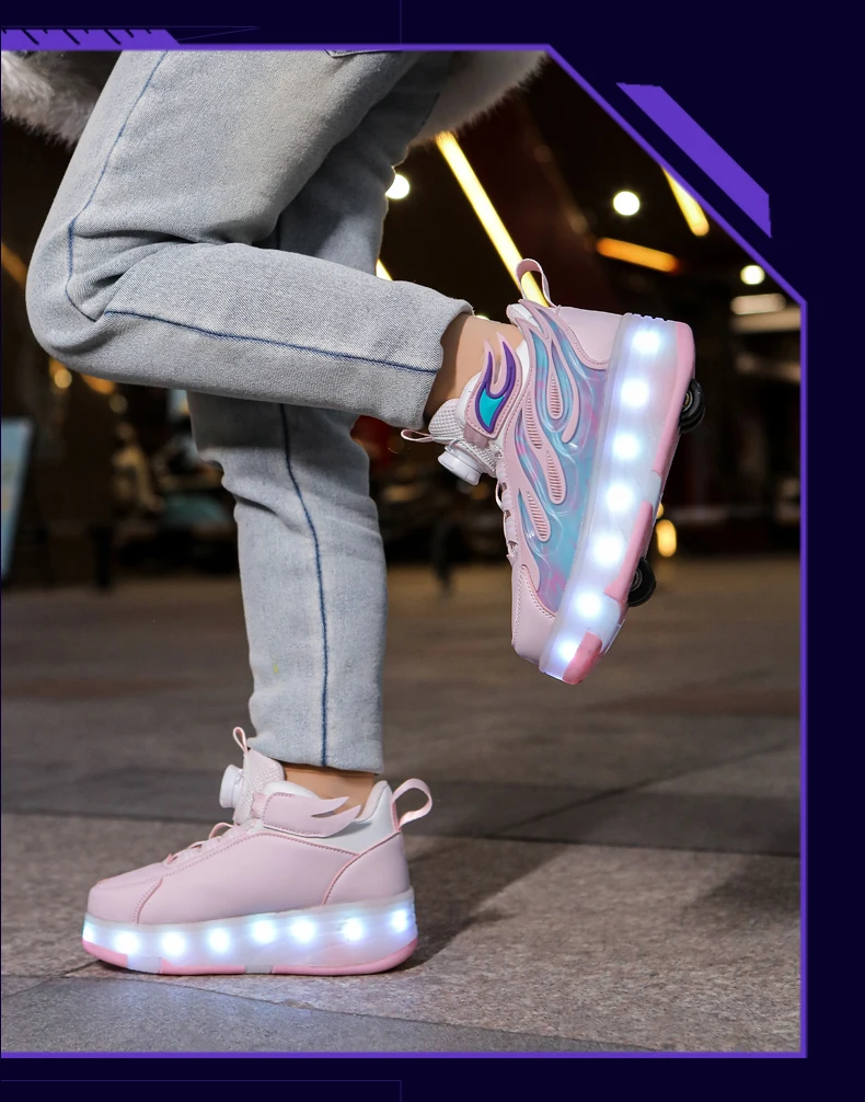 2025 New Children's Four-Wheel Novice Light Up Rotary Button Automatic Shrinkage Fast Walking Shoes for Boys Sneakers
