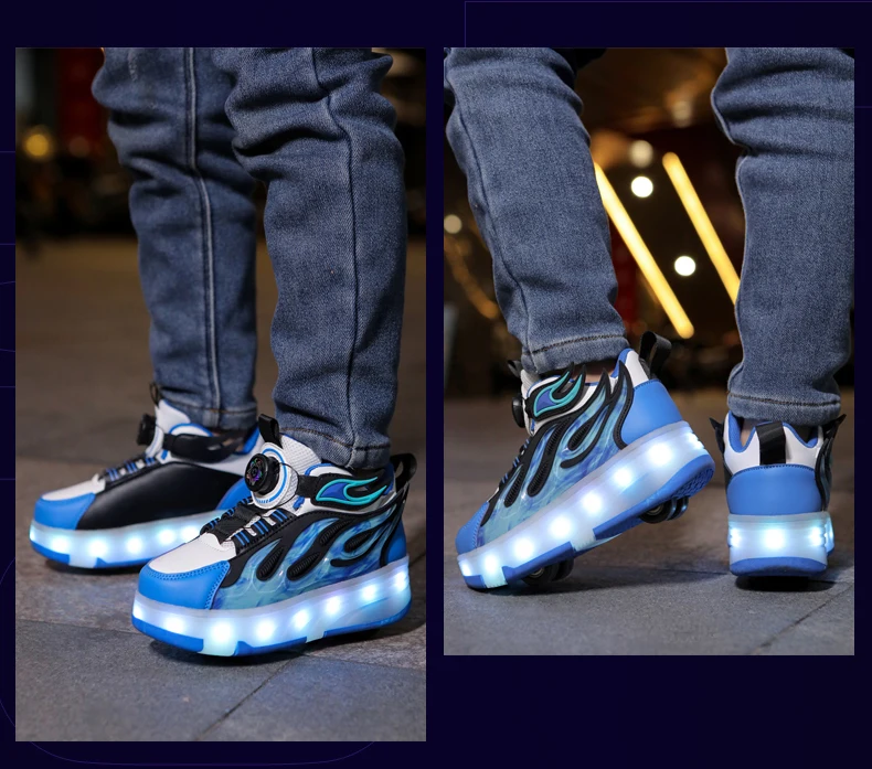 2025 New Children's Four-Wheel Novice Light Up Rotary Button Automatic Shrinkage Fast Walking Shoes for Boys Sneakers