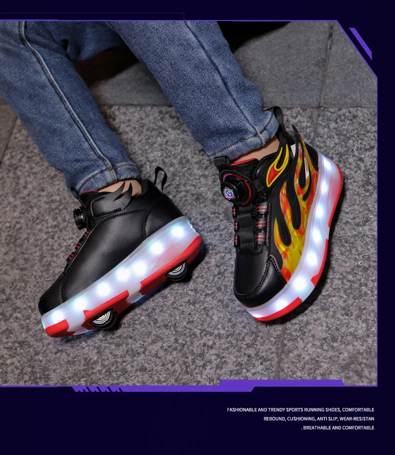 2025 New Children's Four-Wheel Novice Light Up Rotary Button Automatic Shrinkage Fast Walking Shoes for Boys Sneakers