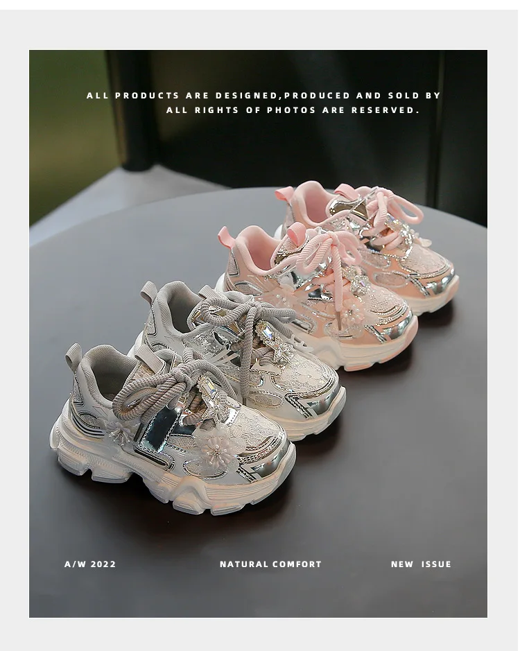 Kids Sneakers Princess Style Children Sports Shoes Non-slip Thick Soft Sole 2025 New Fashion Girls Running Shoes Sweet Elegant