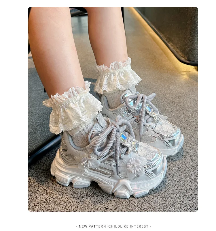 Kids Sneakers Princess Style Children Sports Shoes Non-slip Thick Soft Sole 2025 New Fashion Girls Running Shoes Sweet Elegant