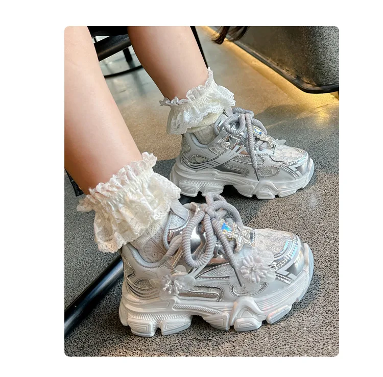 Kids Sneakers Princess Style Children Sports Shoes Non-slip Thick Soft Sole 2025 New Fashion Girls Running Shoes Sweet Elegant