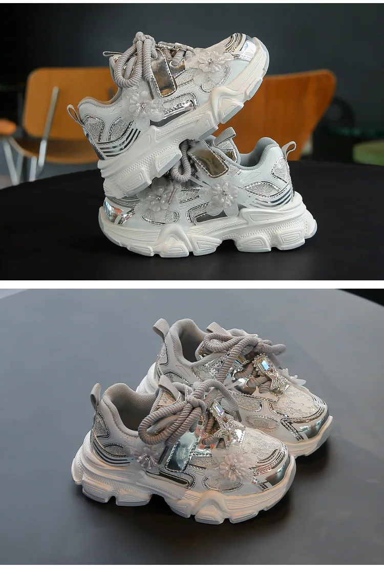 Kids Sneakers Princess Style Children Sports Shoes Non-slip Thick Soft Sole 2025 New Fashion Girls Running Shoes Sweet Elegant