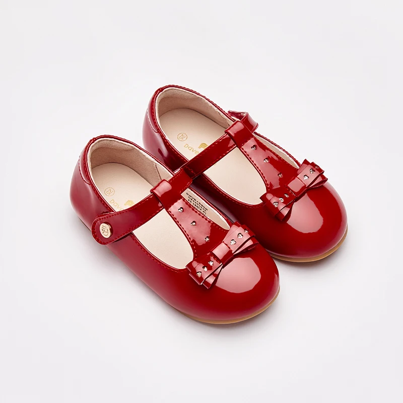 Dave Bella Wine Red Leather Shoes for Kids Girls Non-slip Casual Leather Shoes for Baby Elegant Party Princess Shoes DB3241626