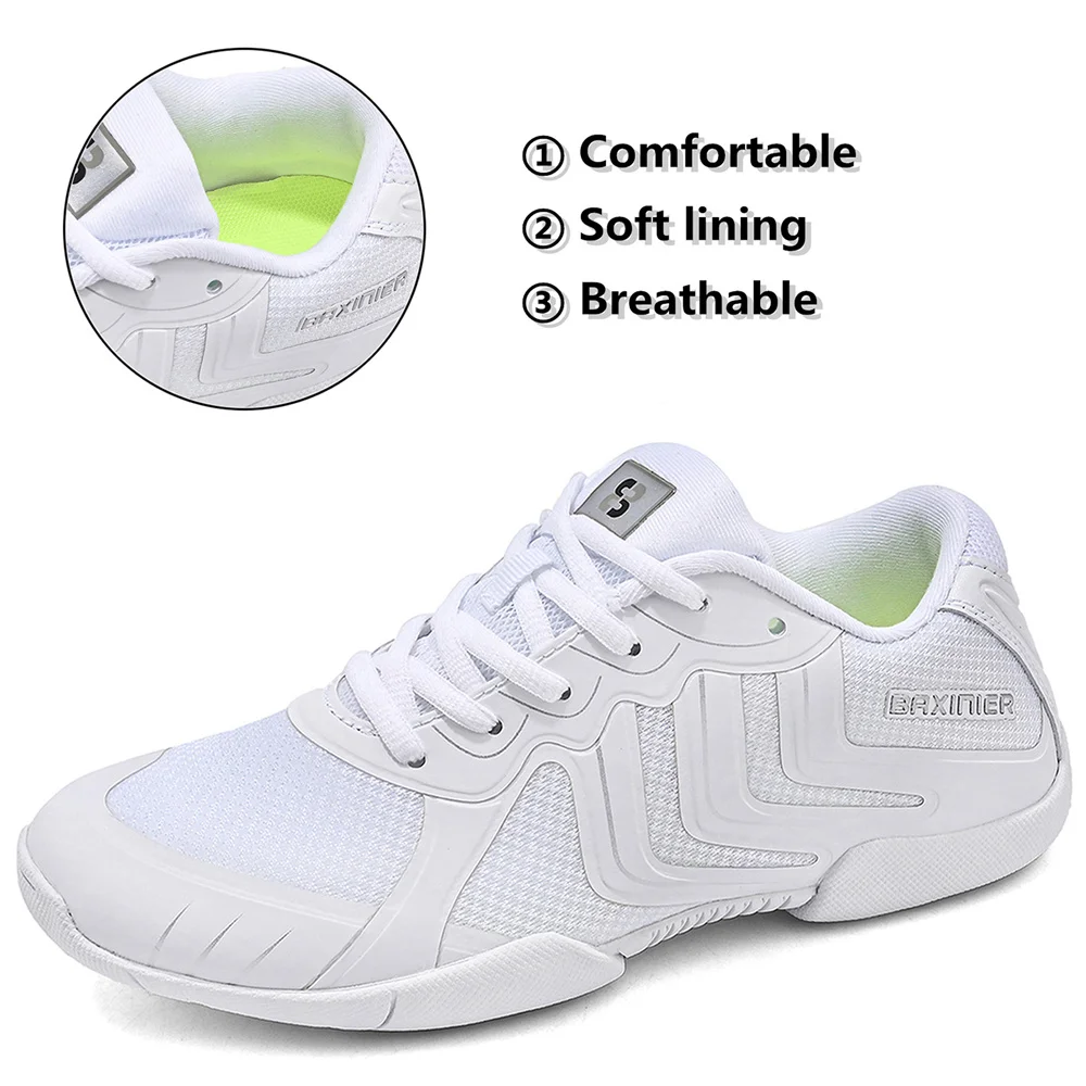 BAXINIER Girls White Cheerleading Shoes Lightweight Youth Cheer Competition Sneakers Kids Breathable Training Dance Tennis Shoes