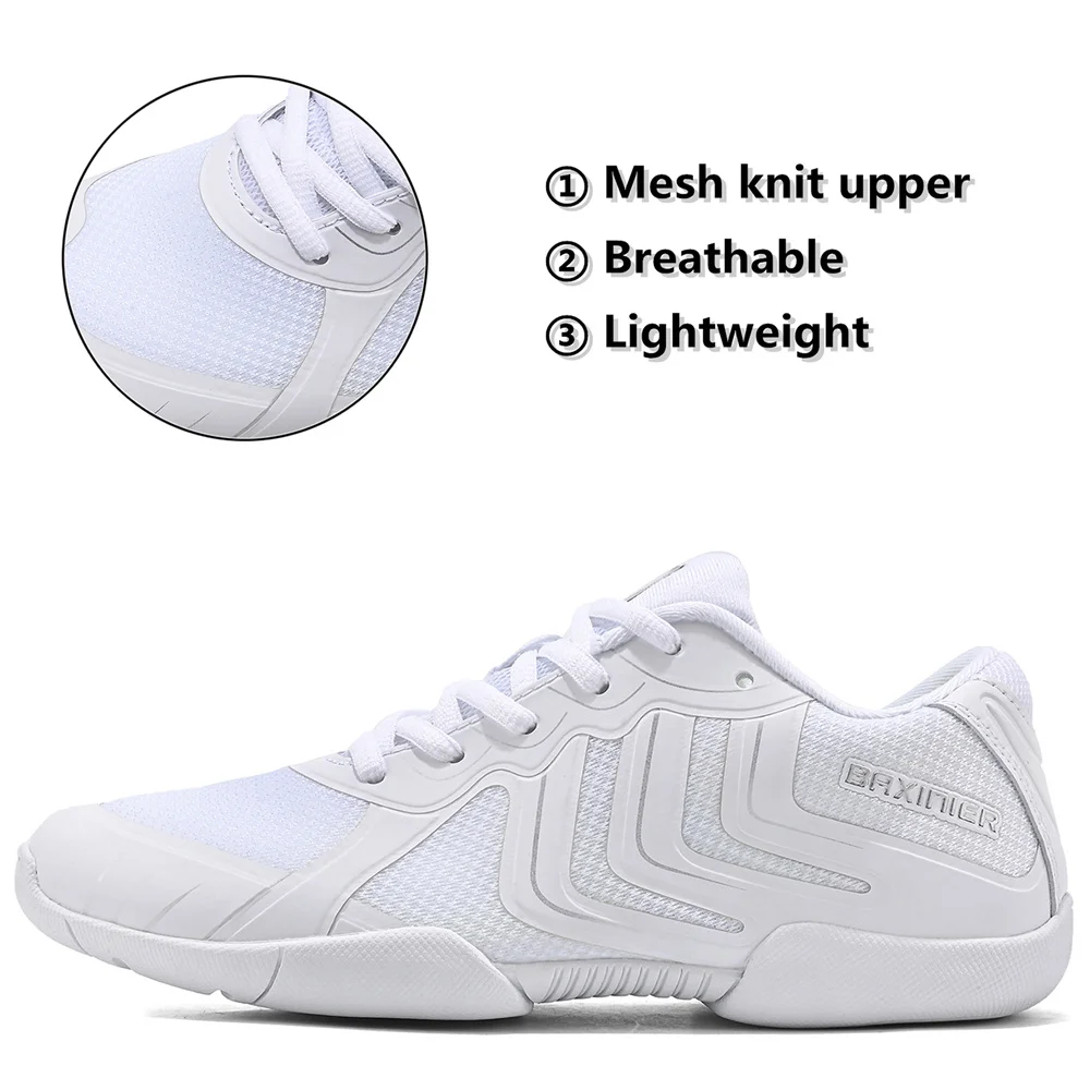 BAXINIER Girls White Cheerleading Shoes Lightweight Youth Cheer Competition Sneakers Kids Breathable Training Dance Tennis Shoes