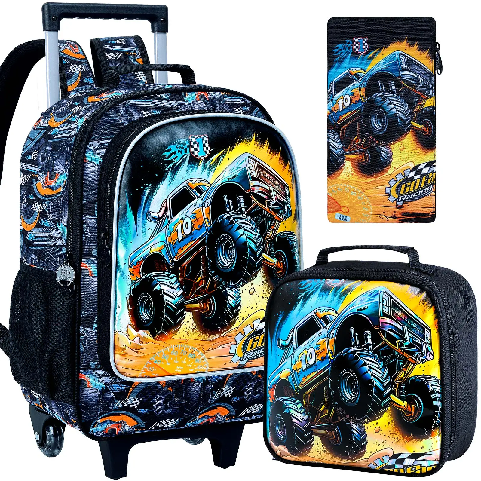 3PCS Rolling Backpack for boys, Kids Roller Wheels Bookbag, Wheeled Elementary School Bag with Lunch Bag -