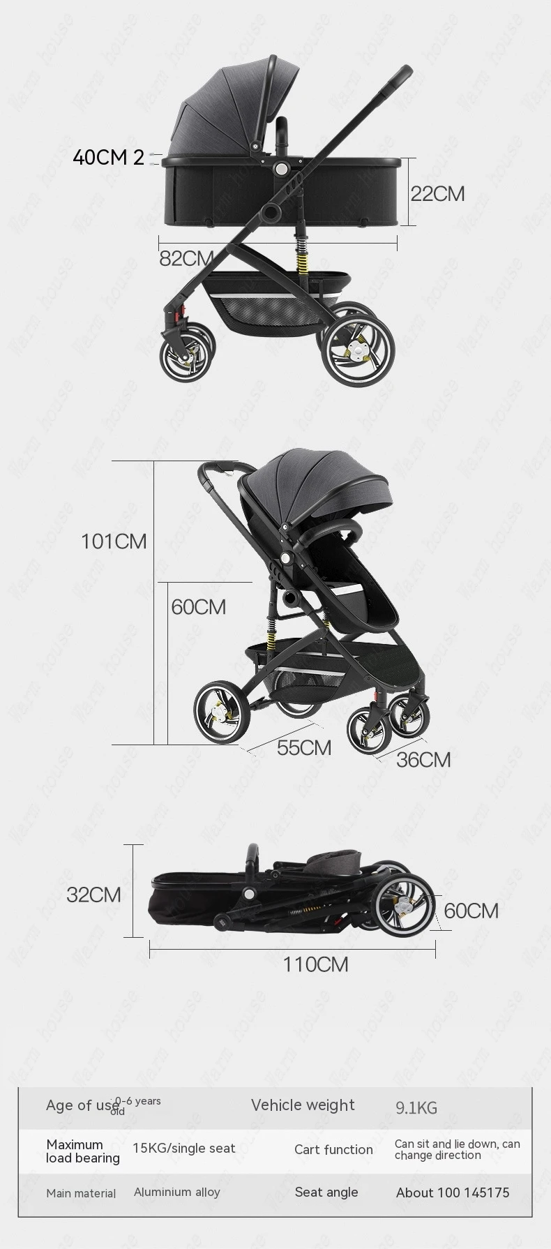 Baby Stroller Can Sit Light Fold Two-way,high Landscape Baby Carriage for Newborn, Four-wheel Shock-absorbing Baby Stroller 2in1