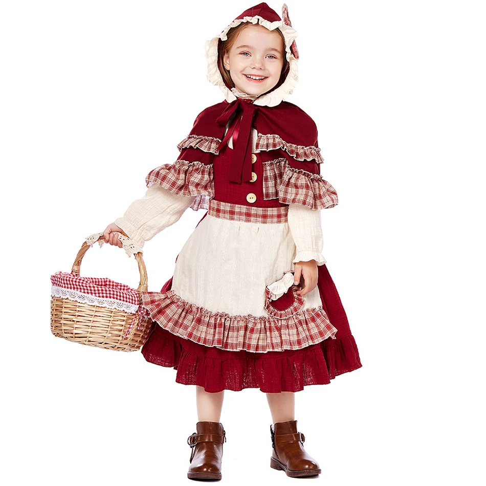 Girls Cosplay Lolita Dress Tops Hooded Cloak Apron Headscarf Sets Children Stage Performance Costume Kid Role Play Deluxe Outfit